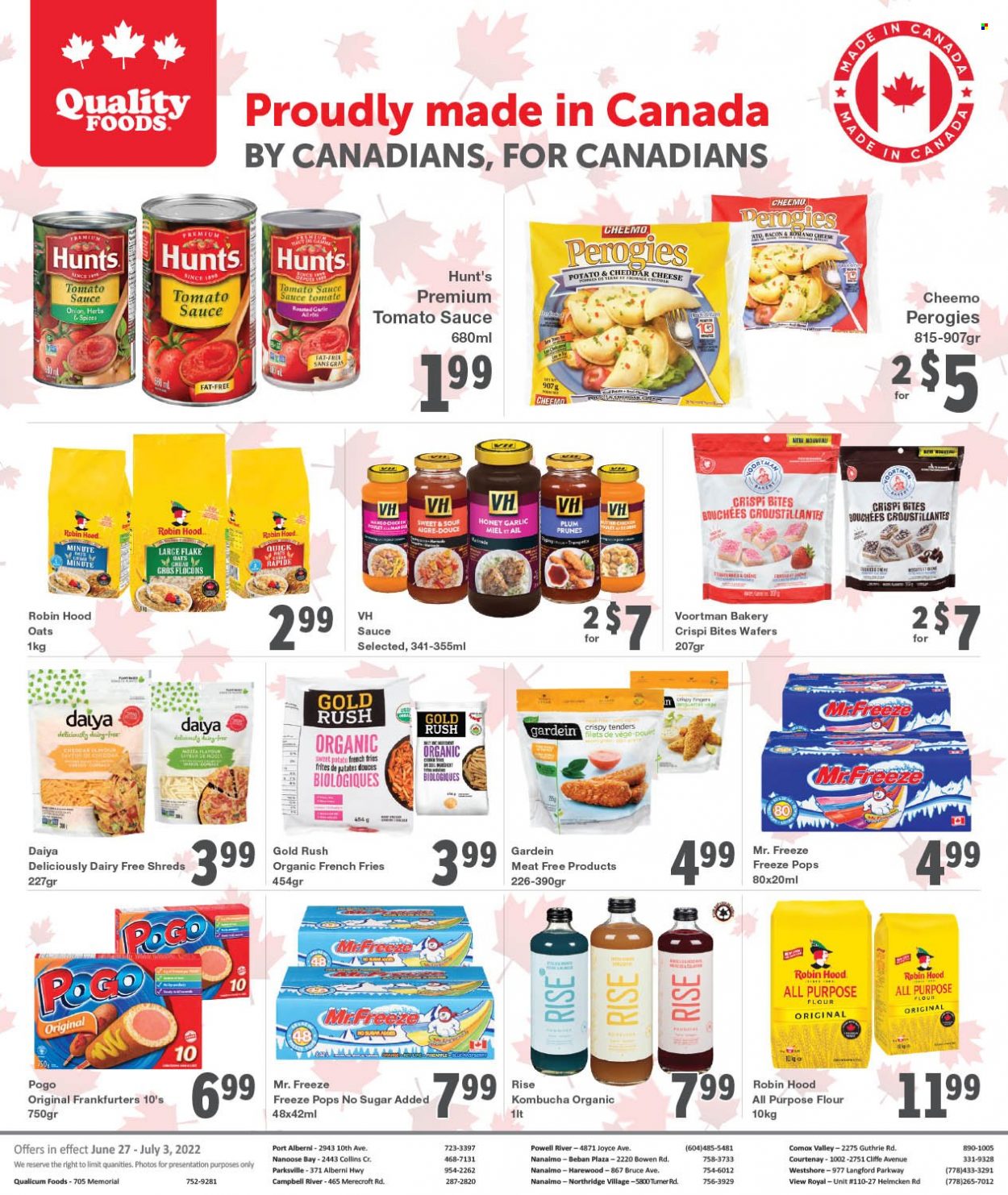 thumbnail - Quality Foods Flyer - June 27, 2022 - July 03, 2022 - Sales products - sweet potato, onion, sauce, bacon, cheese, potato fries, french fries, wafers, all purpose flour, flour, oats, tomato sauce, herbs, honey, prunes, dried fruit, kombucha. Page 7.
