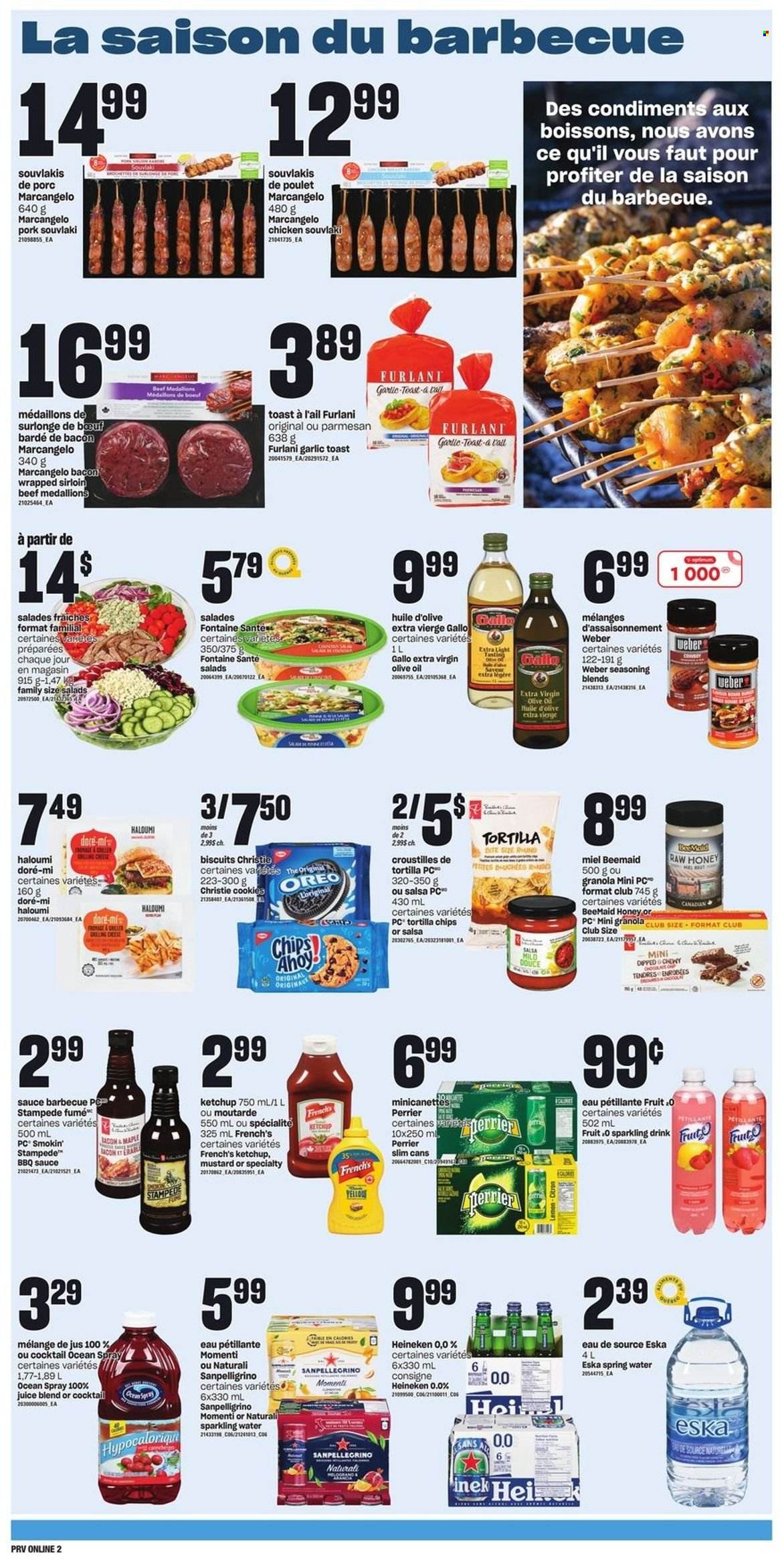 thumbnail - Provigo Flyer - June 30, 2022 - July 06, 2022 - Sales products - sauce, bacon, parmesan, cheese, Milo, cookies, biscuit, tortilla chips, chips, spice, BBQ sauce, mustard, salsa, extra virgin olive oil, olive oil, oil, juice, Perrier, spring water, sparkling water, beer, Heineken, Optimum, granola, ketchup, Oreo. Page 6.