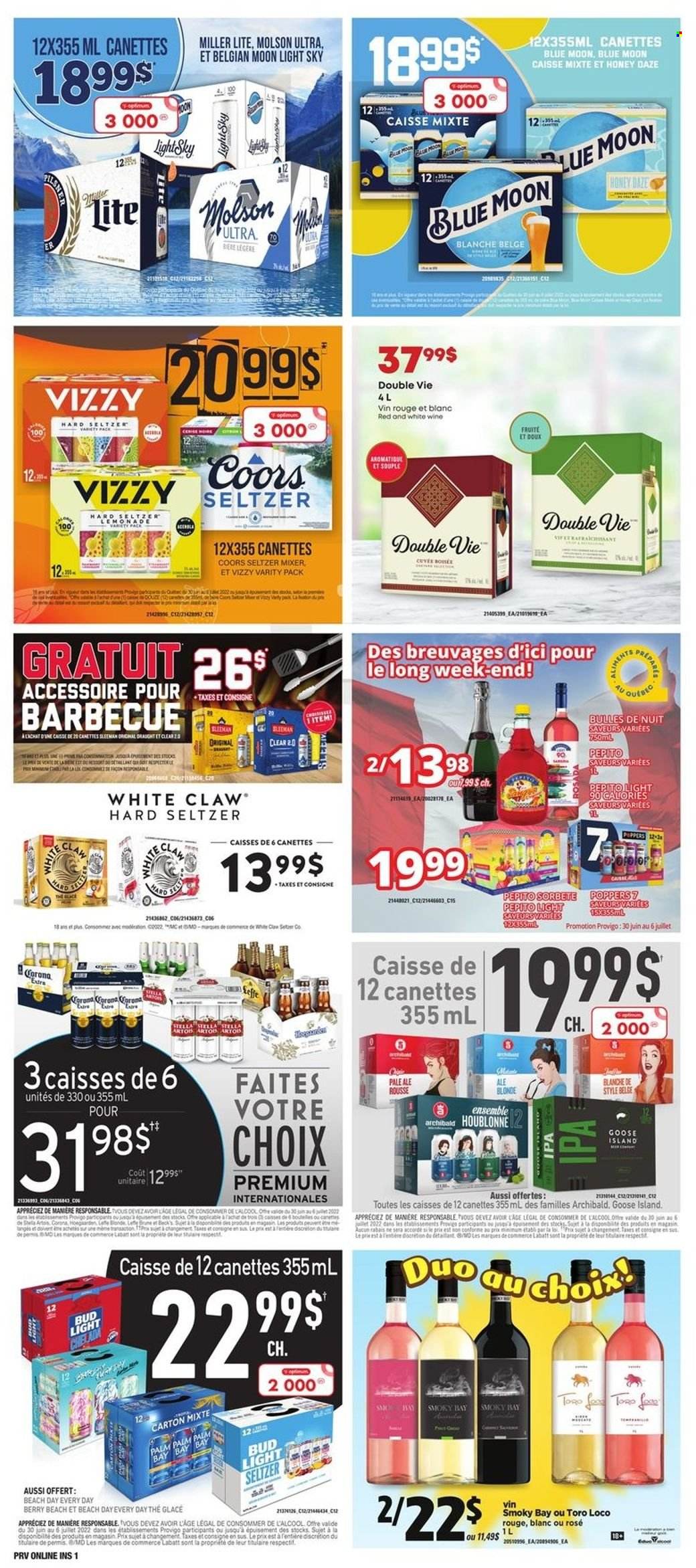 thumbnail - Provigo Flyer - June 30, 2022 - July 06, 2022 - Sales products - honey, wine, Cuvée, rosé wine, White Claw, Hard Seltzer, beer, Bud Light, Corona Extra, Beck's, IPA, Optimum, brace, Miller Lite, Coors, Blue Moon. Page 9.