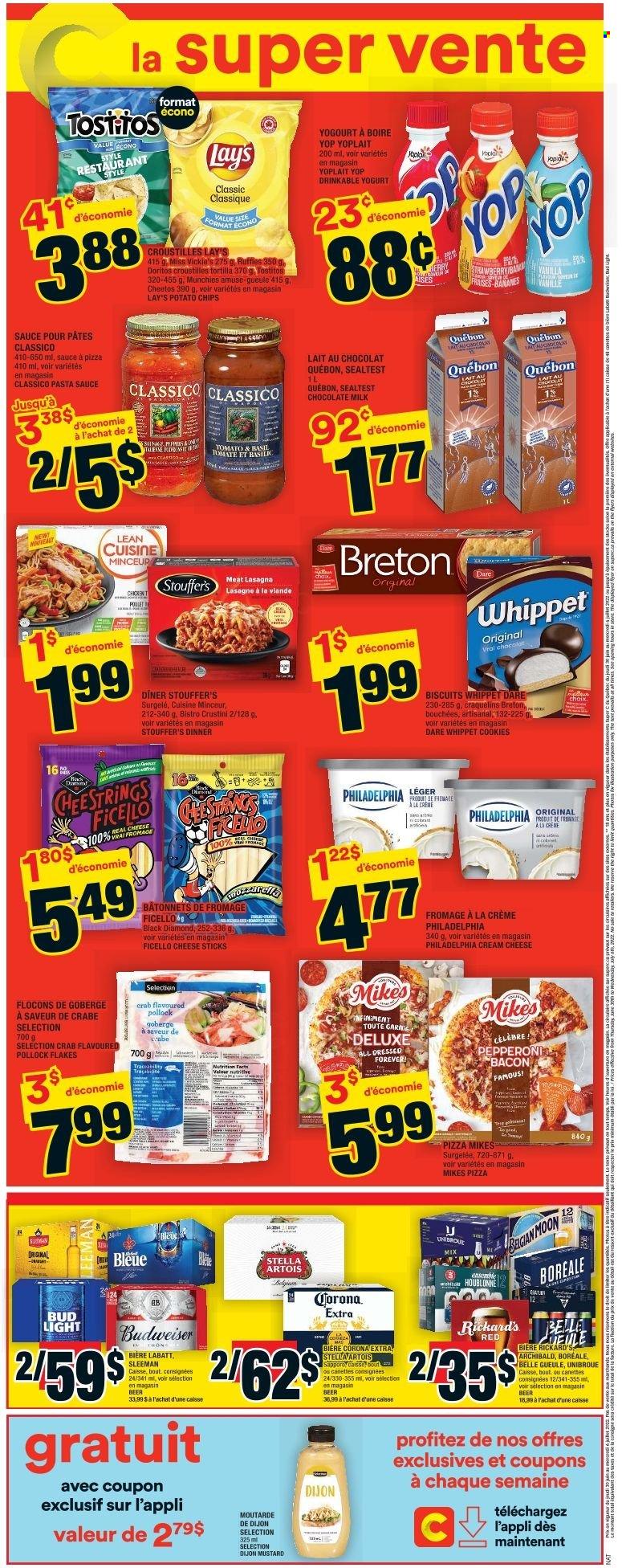 thumbnail - Super C Flyer - June 30, 2022 - July 06, 2022 - Sales products - tortillas, peppers, pollock, crab, pizza, pasta sauce, sauce, lasagna meal, Lean Cuisine, bacon, pepperoni, cream cheese, string cheese, yoghurt, Yoplait, milk, cheese sticks, Stouffer's, cookies, milk chocolate, chocolate, biscuit, Doritos, potato chips, Cheetos, chips, Lay’s, Ruffles, Tostitos, mustard, Classico, beer, Bud Light, Corona Extra, Budweiser, Stella Artois, Philadelphia. Page 2.
