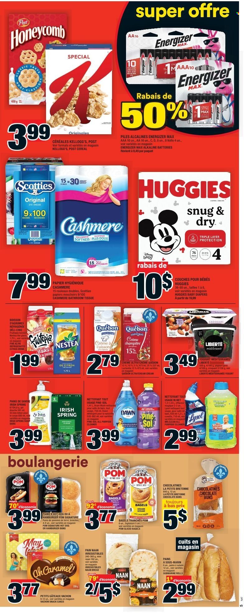 thumbnail - Super C Flyer - June 30, 2022 - July 06, 2022 - Sales products - bagels, bread, cake, buns, burger buns, hot dog, yoghurt, chocolate, snack, Kellogg's, cereals, nappies, bath tissue, cleaner, all purpose cleaner, Lysol, Pine-Sol, soap, body lotion, detergent, Energizer, Huggies. Page 7.