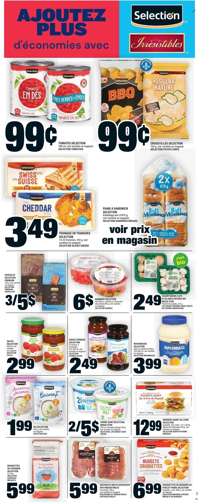 thumbnail - Super C Flyer - June 30, 2022 - July 06, 2022 - Sales products - mushrooms, bread, Ace, garlic, tomatoes, nuggets, sauce, fried chicken, chicken nuggets, prosciutto, sliced cheese, cheese, sour cream, mayonnaise, potato croquettes, chocolate, potato chips, chips, cocoa, basmati rice, rice, salsa, honey, Sure. Page 9.