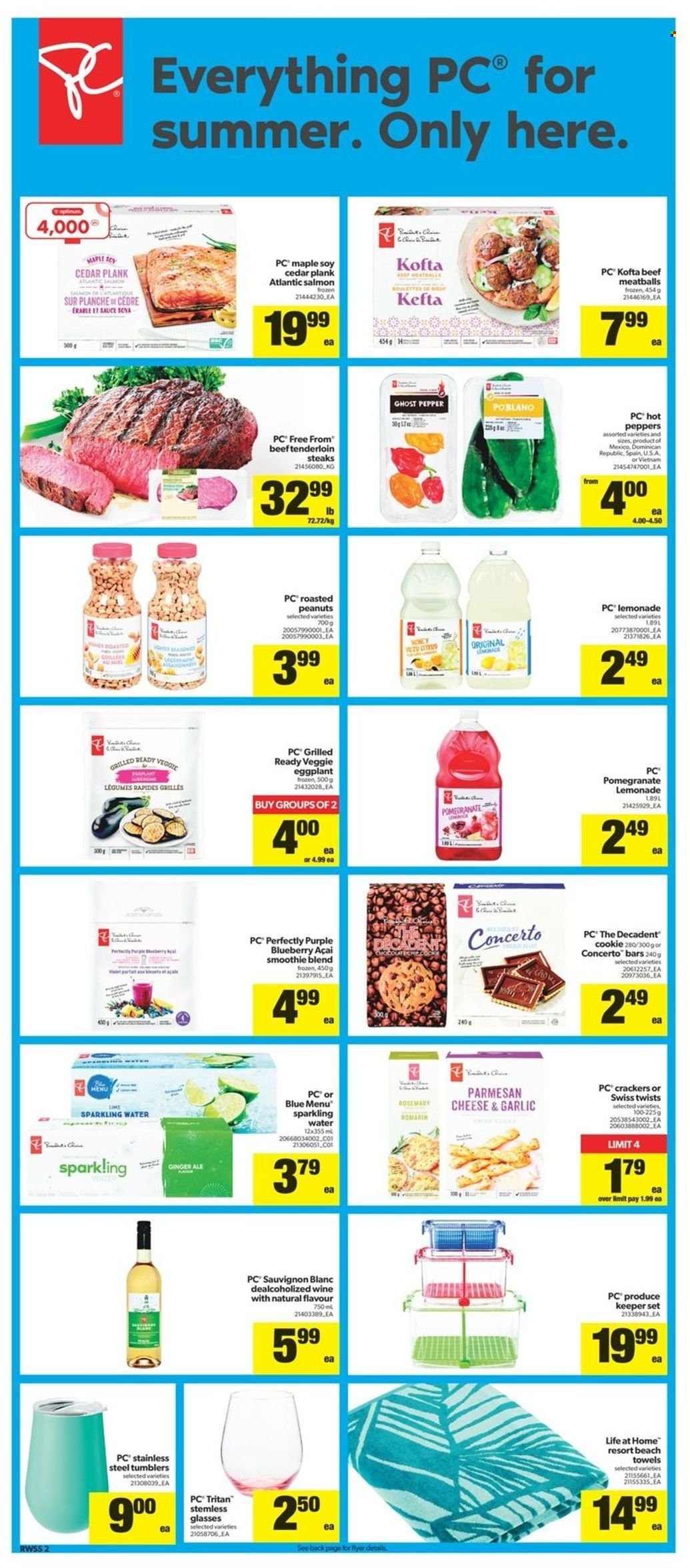 thumbnail - Real Canadian Superstore Flyer - June 30, 2022 - July 06, 2022 - Sales products - peppers, eggplant, pomegranate, salmon, meatballs, sauce, parmesan, crackers, rosemary, pepper, ghost pepper, roasted peanuts, peanuts, ginger ale, lemonade, smoothie, sparkling water, white wine, Sauvignon Blanc, beef meat, beef tenderloin, tumbler, keeper set, beach towel, steak. Page 2.
