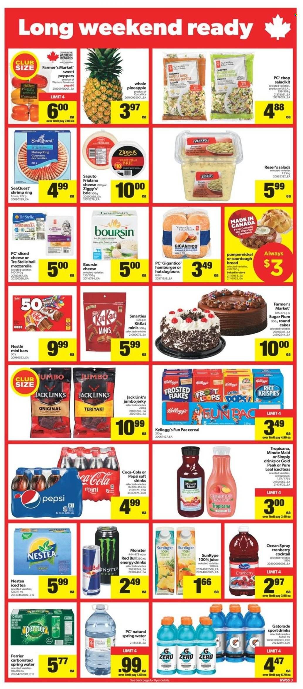 thumbnail - Real Canadian Superstore Flyer - June 30, 2022 - July 06, 2022 - Sales products - cake, buns, sourdough bread, corn, garlic, sweet peppers, pineapple, shrimps, jerky, sliced cheese, cheddar, brie, KitKat, Kellogg's, Jack Link's, sugar, cereals, Rice Krispies, Frosted Flakes, Coca-Cola, Pepsi, juice, energy drink, Monster, ice tea, soft drink, Red Bull, Perrier, Gatorade, fruit punch, spring water, Pure Leaf, mozzarella, Nestlé, Smarties. Page 3.