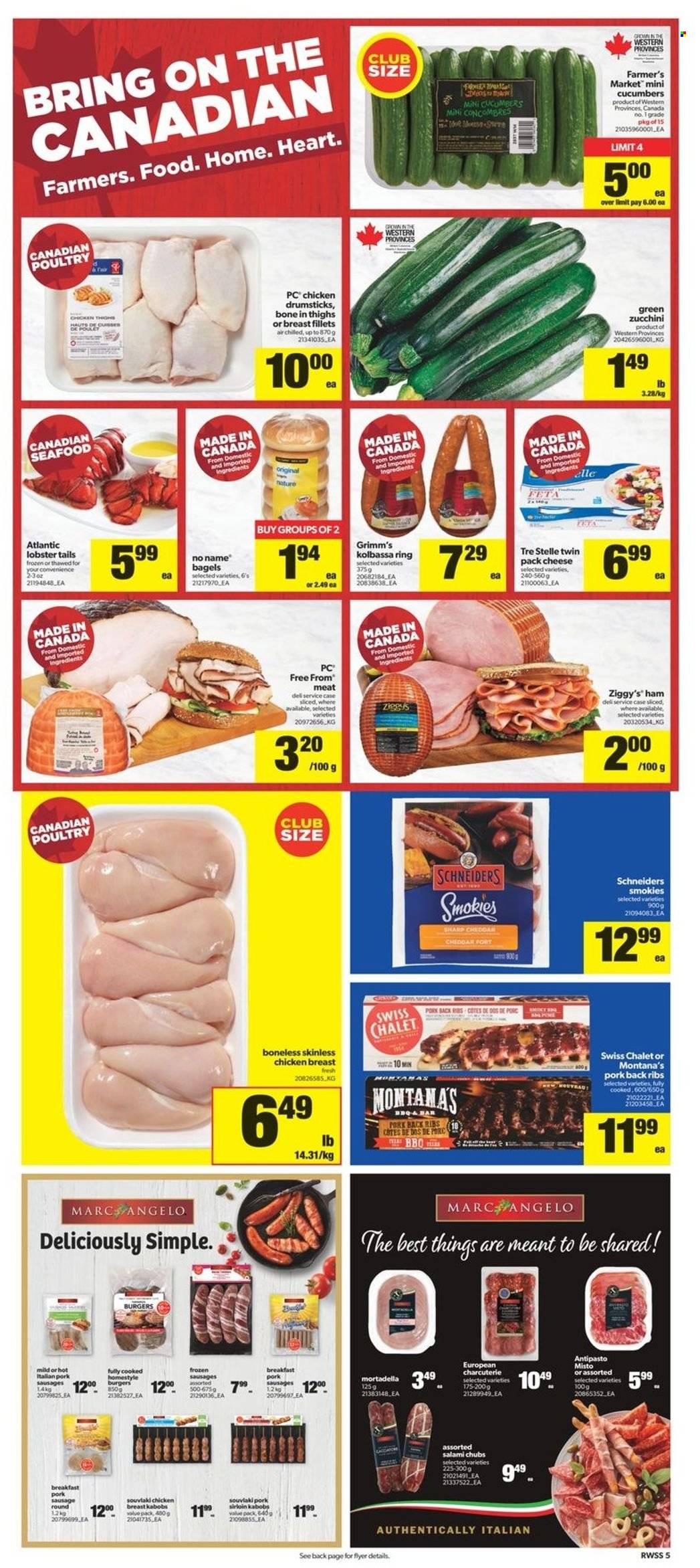 thumbnail - Real Canadian Superstore Flyer - June 30, 2022 - July 06, 2022 - Sales products - bagels, zucchini, lobster, seafood, lobster tail, No Name, hamburger, mortadella, ham, sausage, pork sausage, cheddar, cheese, feta, chicken breasts, chicken thighs, chicken drumsticks, chicken, pork loin, pork meat, pork ribs, pork back ribs. Page 5.