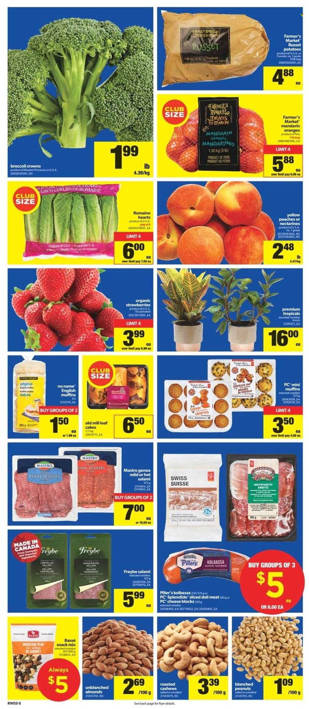 thumbnail - Real Canadian Superstore Flyer - June 30, 2022 - July 06, 2022 - Sales products - english muffins, cake, russet potatoes, potatoes, mandarines, nectarines, peaches, No Name, salami, sausage, cheese, chocolate, snack, almonds, cashews, peanuts, oranges. Page 7.