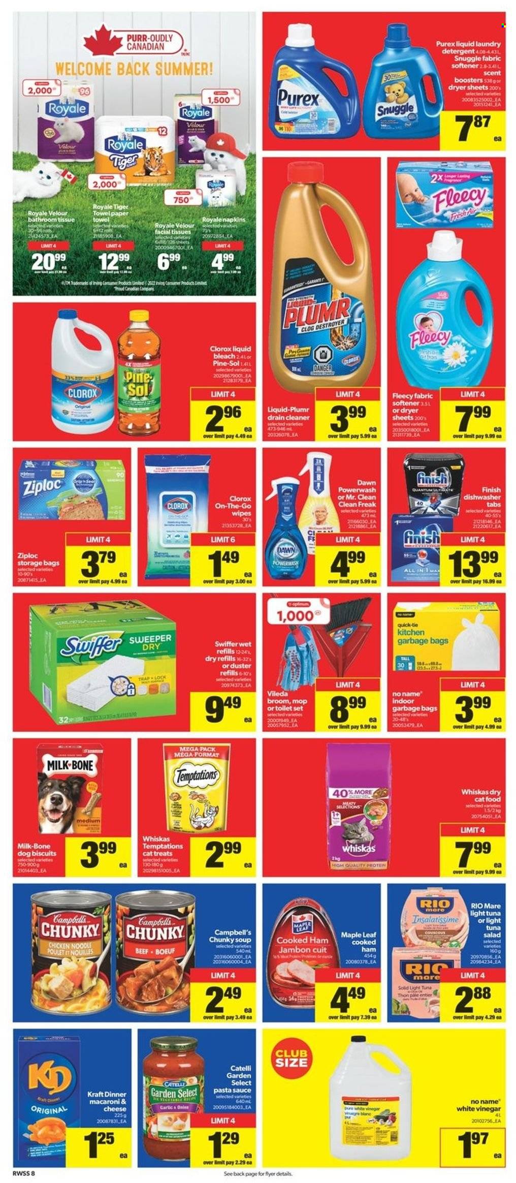 thumbnail - Real Canadian Superstore Flyer - June 30, 2022 - July 06, 2022 - Sales products - No Name, Campbell's, macaroni & cheese, pasta sauce, soup, noodles, Kraft®, cooked ham, ham, tuna salad, milk, light tuna, vinegar, wipes, napkins, bath tissue, paper towels, cleaner, bleach, Clorox, Pine-Sol, Swiffer, Snuggle, fabric softener, laundry detergent, dryer sheets, Purex, facial tissues, bag, Ziploc, storage bag, Vileda, mop, duster, broom, animal food, animal treats, cat food, dog food, dog biscuits, Optimum, dry cat food, detergent, Whiskas. Page 9.