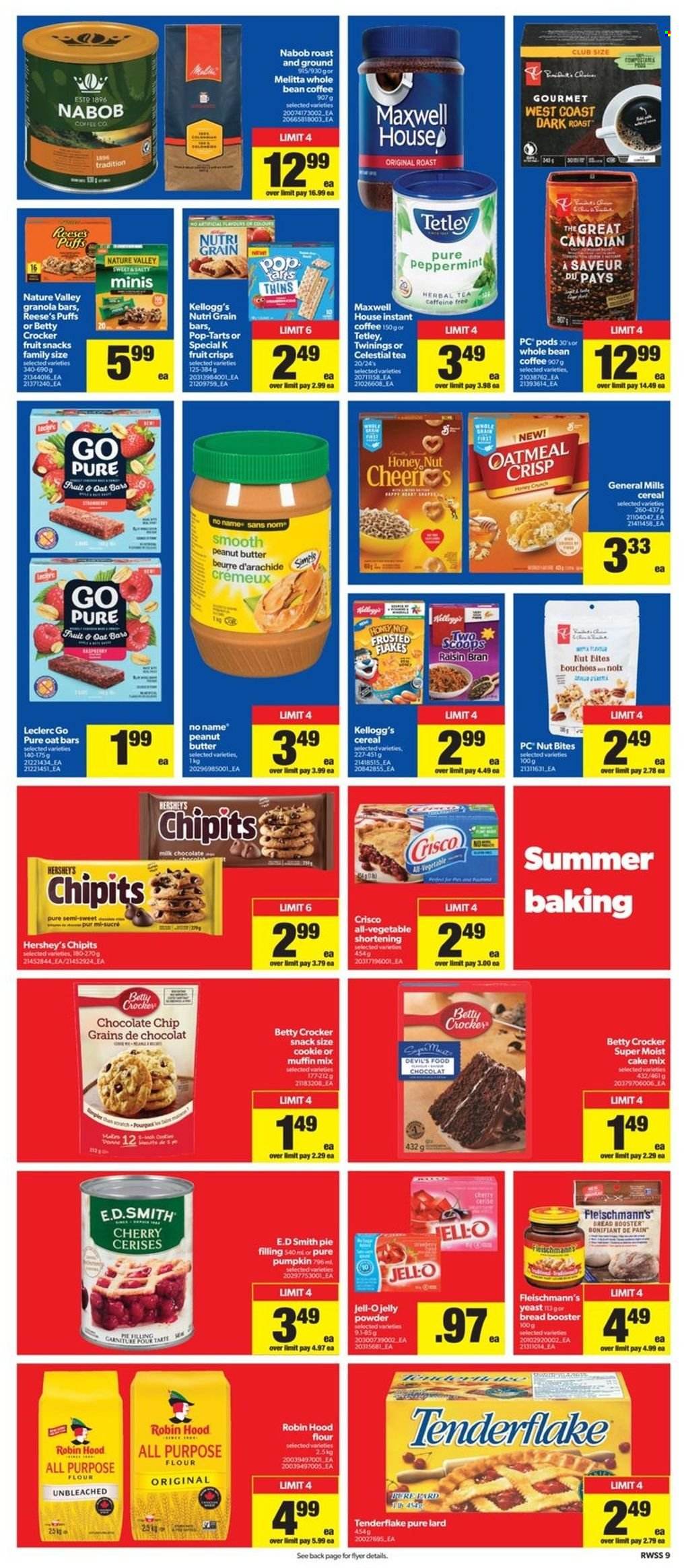 thumbnail - Real Canadian Superstore Flyer - June 30, 2022 - July 06, 2022 - Sales products - bread, puffs, cake mix, muffin mix, pumpkin, cherries, No Name, yeast, Reese's, Hershey's, cookies, milk chocolate, jelly, Kellogg's, Pop-Tarts, fruit snack, Nutri-Grain bars, Thins, all purpose flour, Crisco, flour, shortening, pie filling, oatmeal, Jell-O, cereals, granola bar, Raisin Bran, Nature Valley, Nutri-Grain, Maxwell House, tea, herbal tea, Twinings, instant coffee, Iams, lard. Page 10.