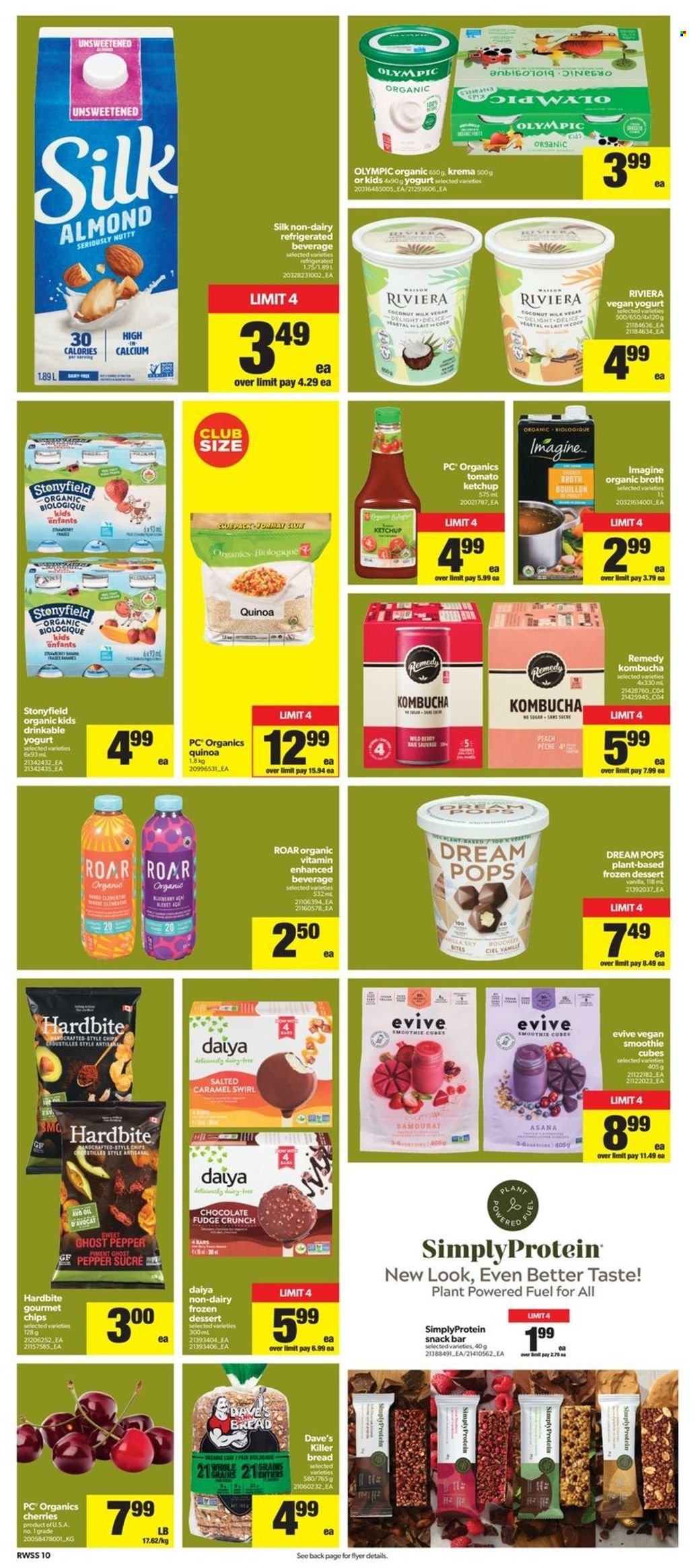 thumbnail - Real Canadian Superstore Flyer - June 30, 2022 - July 06, 2022 - Sales products - bread, cherries, yoghurt, fudge, chocolate, snack, snack bar, bouillon, broth, coconut milk, ghost pepper, oil, smoothie, kombucha, calcium, quinoa, ketchup. Page 11.