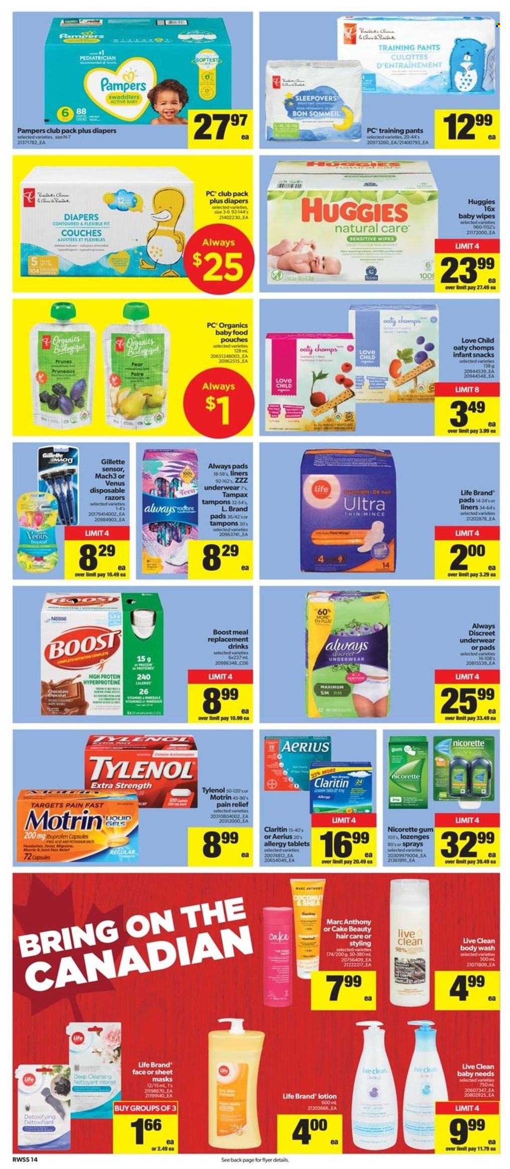 thumbnail - Real Canadian Superstore Flyer - June 30, 2022 - July 06, 2022 - Sales products - cake, coconut, chocolate, snack, salt, prunes, dried fruit, Boost, wipes, pants, baby wipes, nappies, baby pants, body wash, Always pads, sanitary pads, Always Discreet, tampons, Gillette, body lotion, Venus, pain relief, Nicorette, Tylenol, Nicorette Gum, Motrin, Tampax, Huggies, Pampers. Page 16.