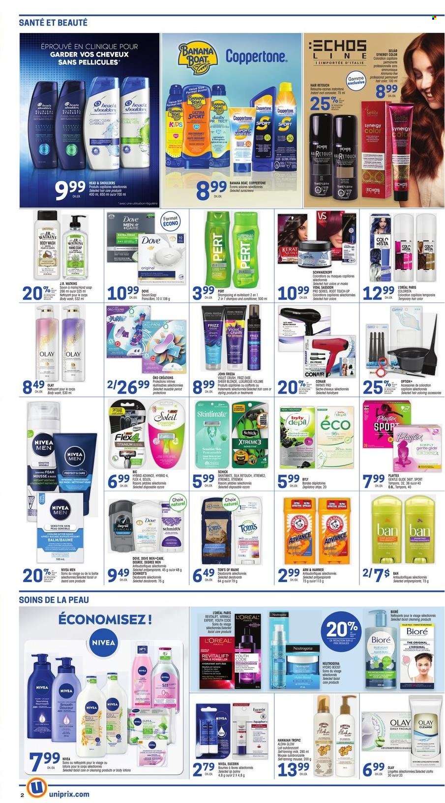thumbnail - Uniprix Flyer - June 30, 2022 - July 06, 2022 - Sales products - ARM & HAMMER, Boost, Nivea, body wash, hand soap, soap, Playtex, tampons, Clinique, L’Oréal, Olay, Bioré®, Root Touch-Up, conditioner, hair color, John Frieda, BIC, Schick, corrector, Dove, Eucerin, Neutrogena, shampoo, Head & Shoulders, deodorant. Page 3.