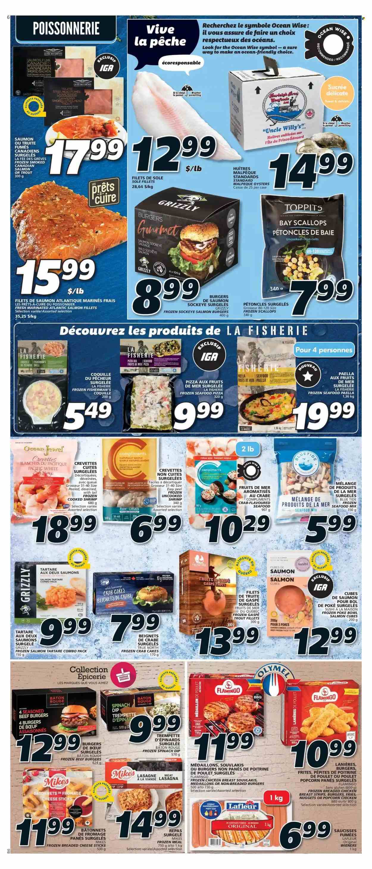 thumbnail - IGA Flyer - June 30, 2022 - July 06, 2022 - Sales products - salmon, salmon fillet, scallops, smoked salmon, trout, oysters, seafood, shrimps, crab cake, pizza, nuggets, hamburger, fried chicken, beef burger, lasagna meal, bacon, dip, spinach dip, strips, paella, cheese sticks, potato fries, popcorn, chicken. Page 5.