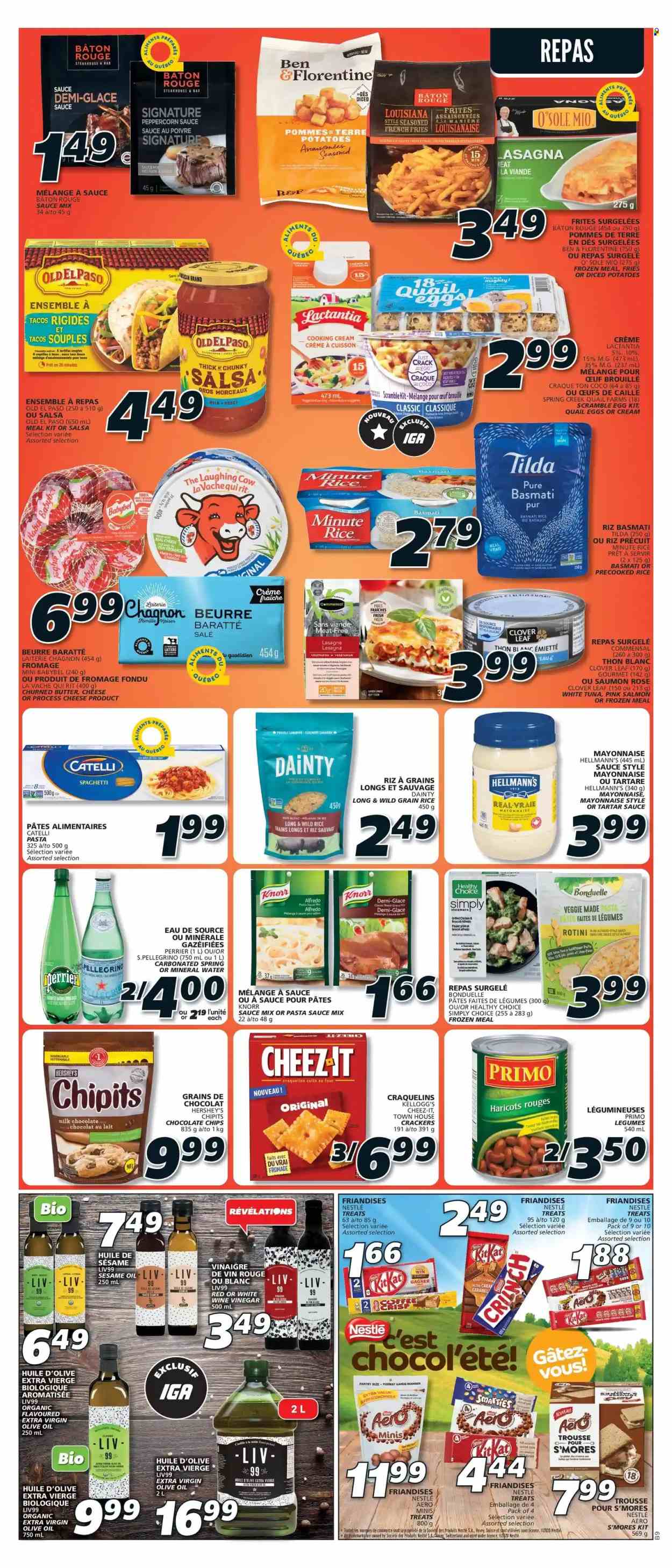 thumbnail - IGA Flyer - June 30, 2022 - July 06, 2022 - Sales products - Old El Paso, tacos, broccoli, potatoes, salmon, spaghetti, pasta sauce, lasagna meal, Alfredo sauce, Healthy Choice, The Laughing Cow, Babybel, Clover, butter, crème fraîche, tartar sauce, Hellmann’s, Hershey's, potato fries, french fries, milk chocolate, KitKat, crackers, Kellogg's, Cheez-It, basmati rice, rice, gravy mix, caramel, salsa, extra virgin olive oil, sesame oil, wine vinegar, olive oil, oil, Perrier, mineral water, San Pellegrino, rosé wine, quail, Nestlé, Knorr, Smarties. Page 8.