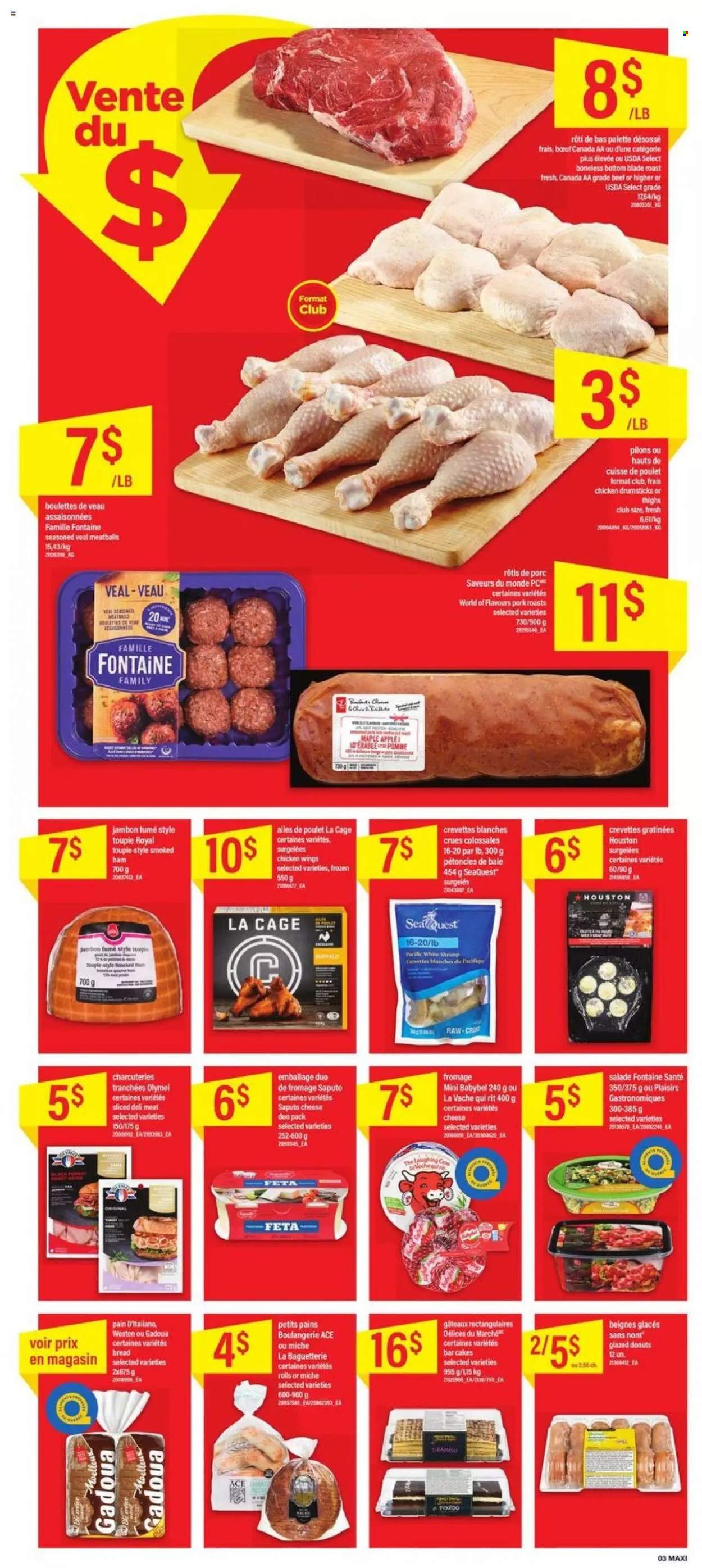 thumbnail - Maxi Flyer - June 30, 2022 - July 06, 2022 - Sales products - bread, cake, Ace, donut, tiramisu, meatballs, ham, smoked ham, cheese, The Laughing Cow, feta, Babybel, chicken wings, chicken drumsticks, chicken, Palette. Page 3.