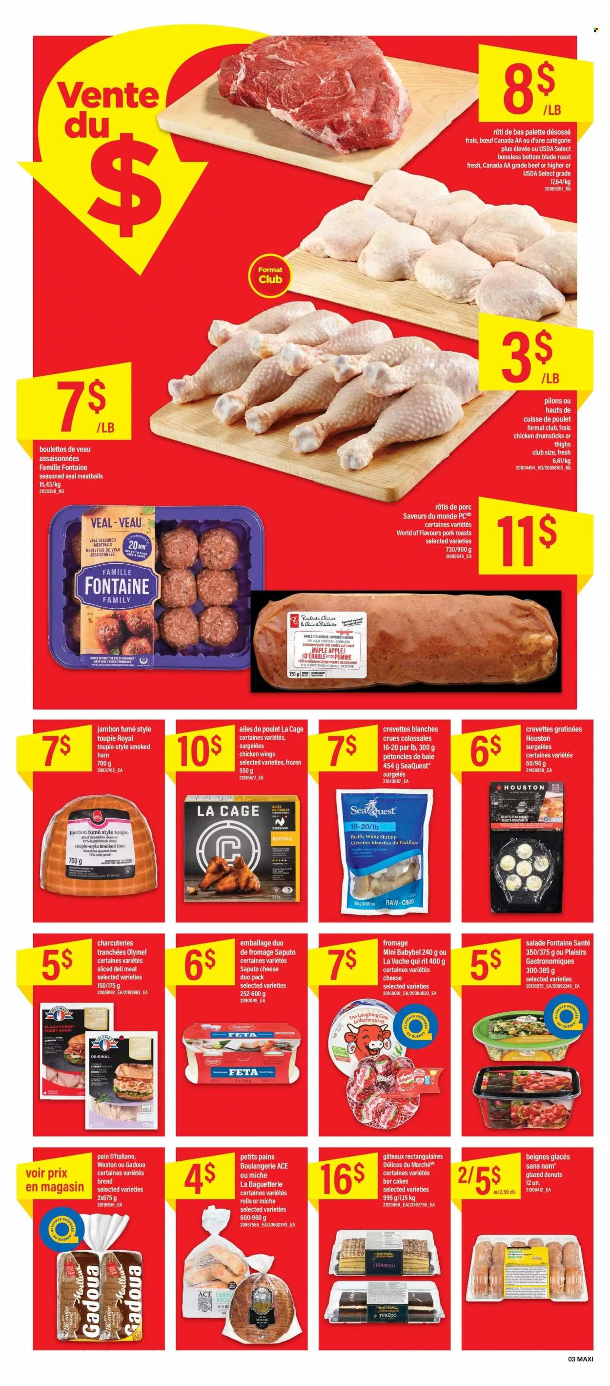 thumbnail - Maxi & Cie Flyer - June 30, 2022 - July 06, 2022 - Sales products - bread, cake, Ace, donut, tiramisu, salad, shrimps, meatballs, ham, smoked ham, cheese, The Laughing Cow, Président, feta, Babybel, chicken wings, turkey breast, chicken drumsticks, chicken, turkey, pork loin, pork meat, Palette. Page 3.
