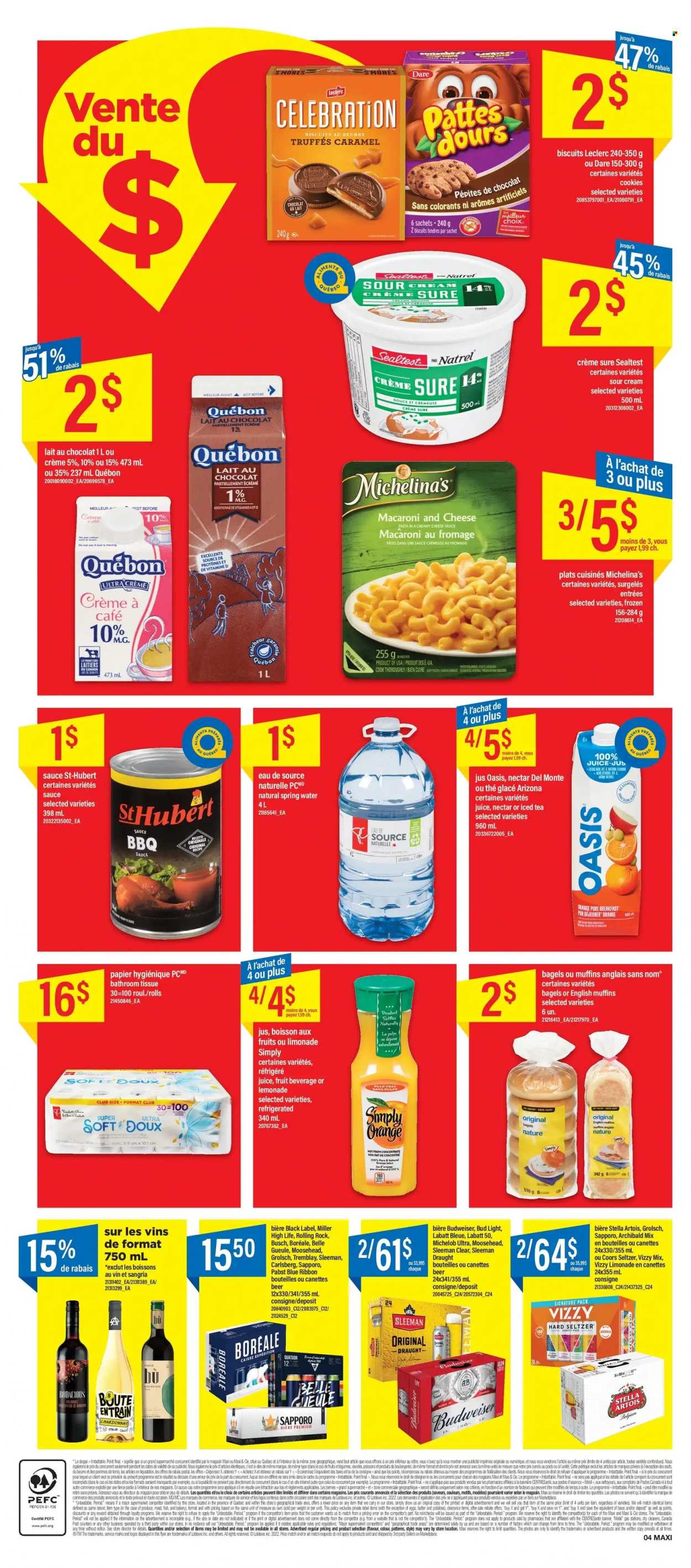 thumbnail - Maxi & Cie Flyer - June 30, 2022 - July 06, 2022 - Sales products - bagels, english muffins, fish, No Name, macaroni & cheese, pasta, sauce, eggs, sour cream, cookies, Celebration, biscuit, BBQ sauce, caramel, lemonade, orange juice, juice, ice tea, AriZona, spring water, Chardonnay, Hard Seltzer, beer, Busch, Bud Light, Carlsberg, Miller, Grolsch, Pabst Blue Ribbon, bath tissue, Sure, Budweiser, Stella Artois, Coors, Michelob. Page 4.