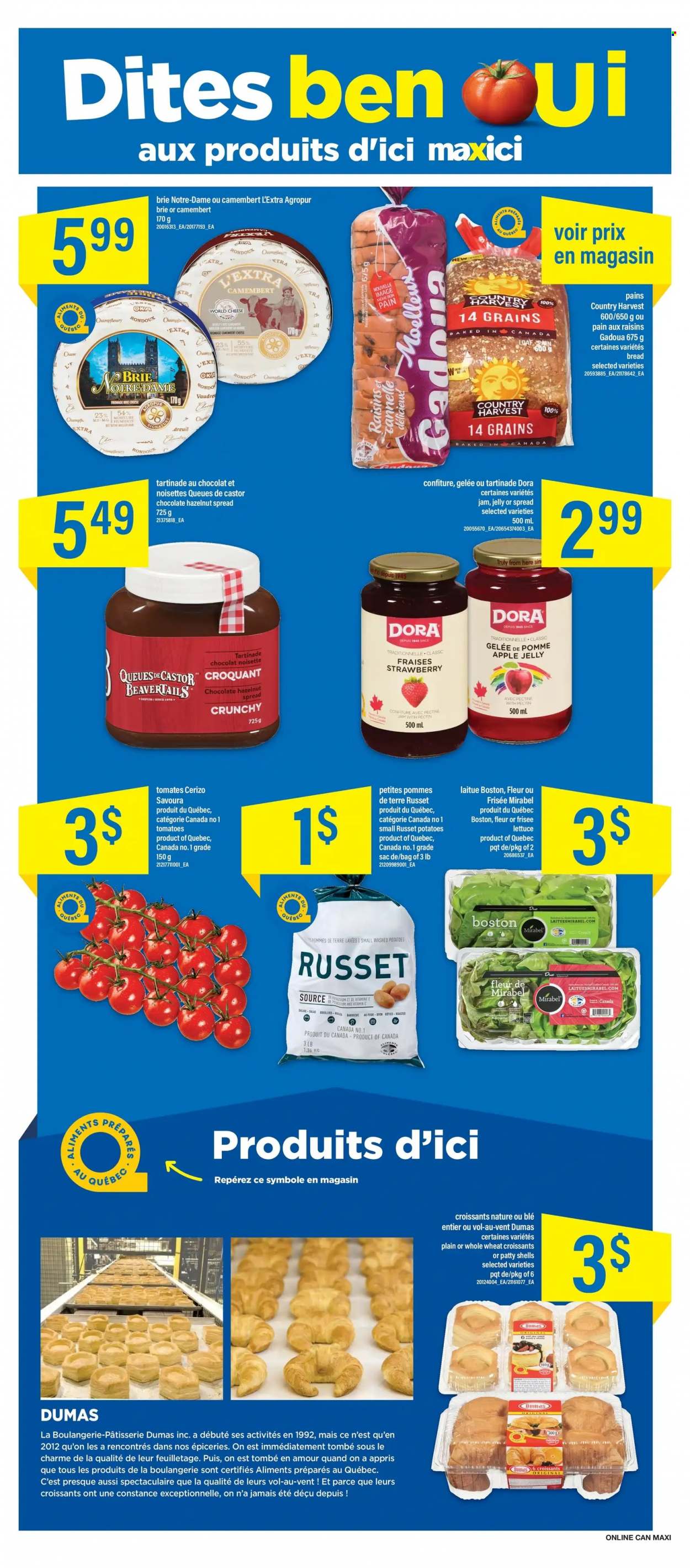 thumbnail - Maxi & Cie Flyer - June 30, 2022 - July 06, 2022 - Sales products - bread, croissant, russet potatoes, tomatoes, potatoes, lettuce, salad, cheese, brie, Country Harvest, chocolate, jelly, apple jelly, fruit jam, hazelnut spread, dried fruit, TRULY, vitamin c, camembert, raisins. Page 5.