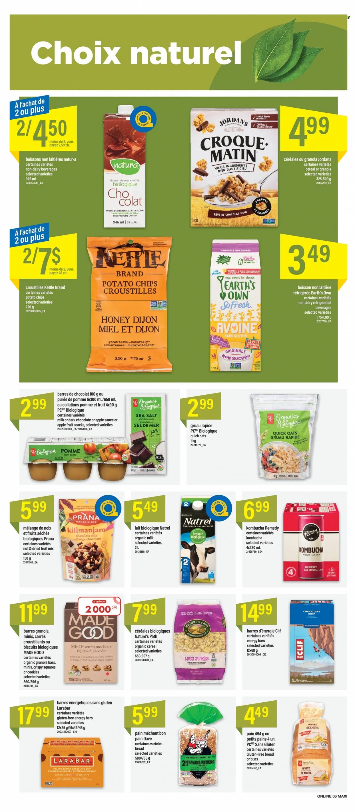 thumbnail - Maxi & Cie Flyer - June 30, 2022 - July 06, 2022 - Sales products - buns, organic milk, cookies, fruit mix, biscuit, fruit snack, potato chips, chips, cocoa, oats, cereals, granola bar, energy bar, Quick Oats, apple sauce, honey, peanut butter, dried fruit, kombucha, calcium. Page 12.