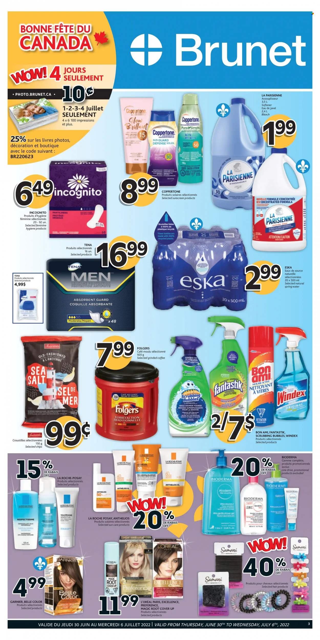 thumbnail - Brunet Flyer - June 30, 2022 - July 06, 2022 - Sales products - chips, spring water, coffee, Folgers, Windex, Scrubbing Bubbles, bleach, fabric softener, pantiliners, L’Oréal, La Roche-Posay, Garnier. Page 1.
