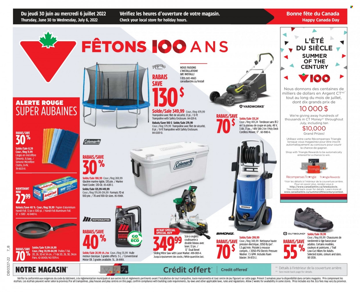 thumbnail - Canadian Tire Flyer - June 30, 2022 - July 06, 2022 - Sales products - aluminium foil, marker, hiking shoes, Coleman, trampoline, saw, electric pressure washer, pressure washer, motor oil. Page 1.