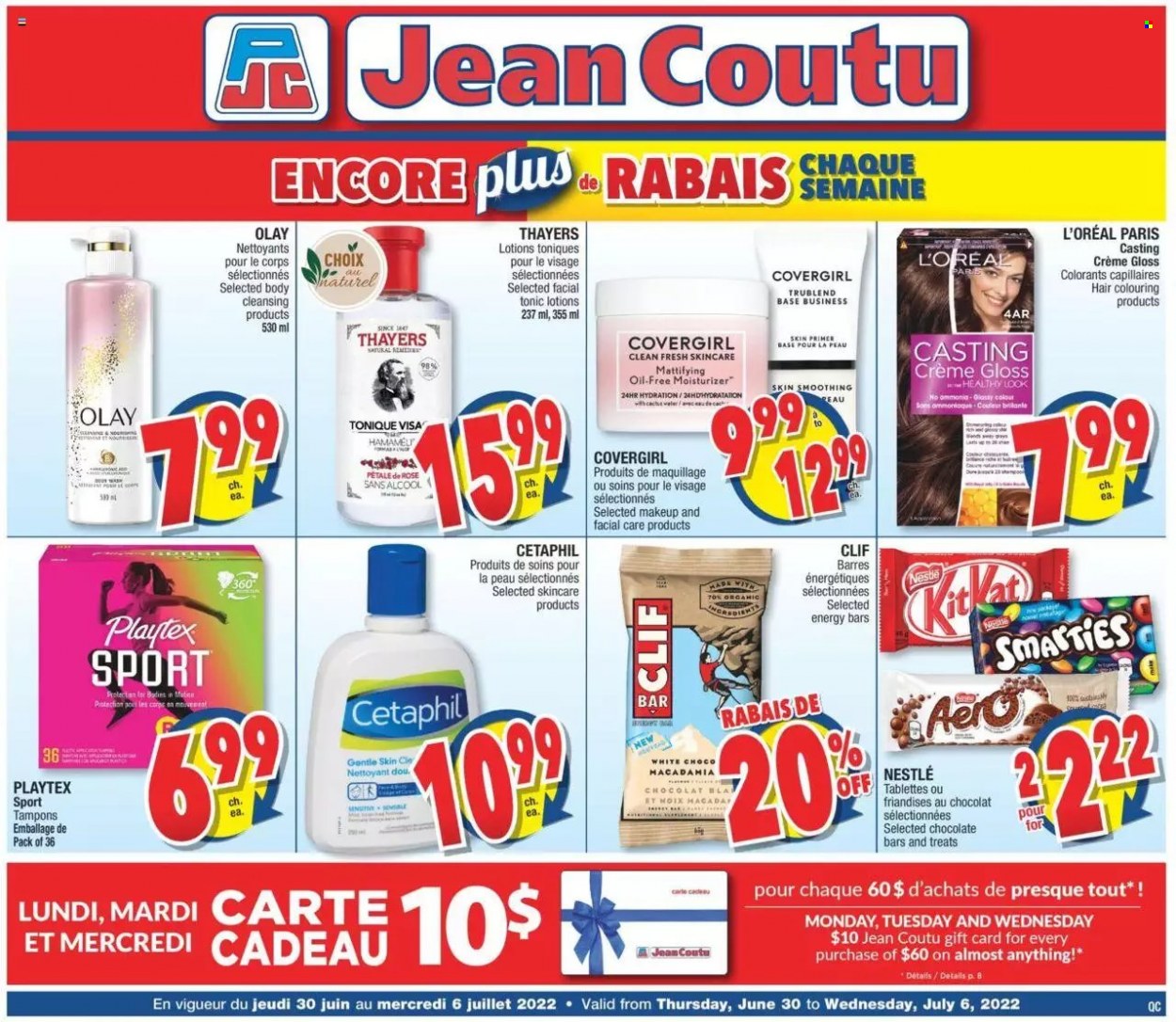 thumbnail - Jean Coutu Flyer - June 30, 2022 - July 06, 2022 - Sales products - chocolate bar, energy bar, macadamia nuts, tonic, Playtex, tampons, L’Oréal, moisturizer, Olay, makeup, Nestlé, Smarties. Page 1.