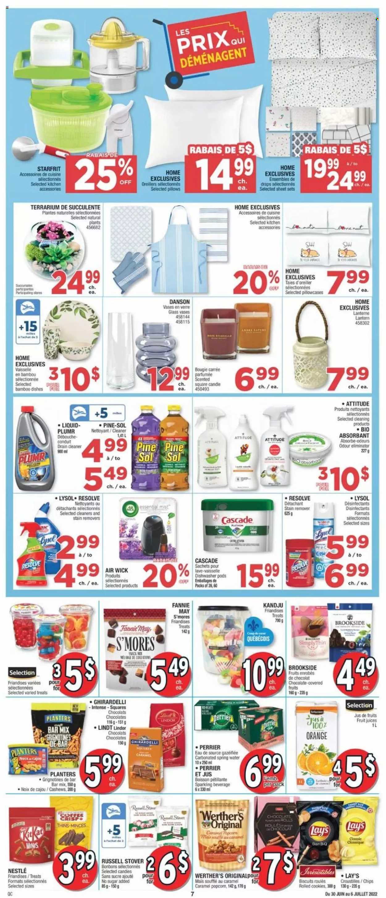 thumbnail - Jean Coutu Flyer - June 30, 2022 - July 06, 2022 - Sales products - cookies, chocolate, Mars, KitKat, biscuit, Ghirardelli, chips, Lay’s, Thins, popcorn, caramel, cashews, Planters, juice, Perrier, spring water, cleaner, stain remover, Lysol, Pine-Sol, Cascade, candle, Air Wick, book, pillow, pillowcase, Ambra, Nestlé, Lindt, Lindor. Page 7.