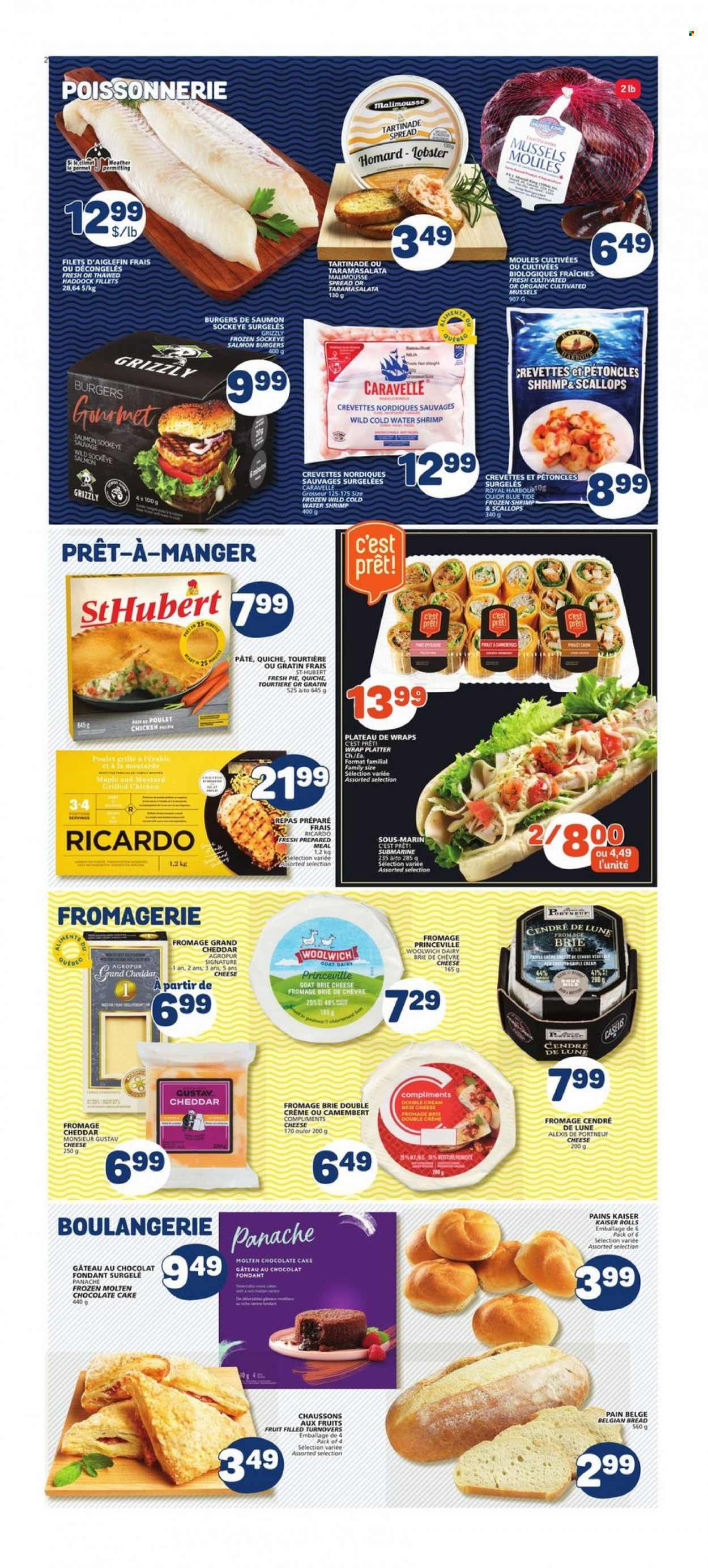 thumbnail - Marché Bonichoix Flyer - June 30, 2022 - July 06, 2022 - Sales products - bread, cake, pie, turnovers, wraps, chocolate cake, lobster, mussels, salmon, scallops, haddock, shrimps, hamburger, cheddar, cheese, brie, quiche, chocolate, mustard, Tide, camembert. Page 2.