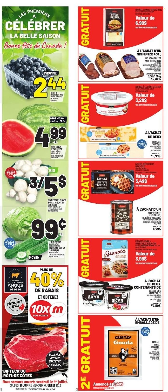 thumbnail - Metro Flyer - June 30, 2022 - July 06, 2022 - Sales products - tart, waffles, lettuce, blueberries, melons, gouda, cheddar, cheese, greek yoghurt, yoghurt, cereals, maple syrup, syrup, turkey breast, turkey, Omo, granola, mozzarella. Page 19.