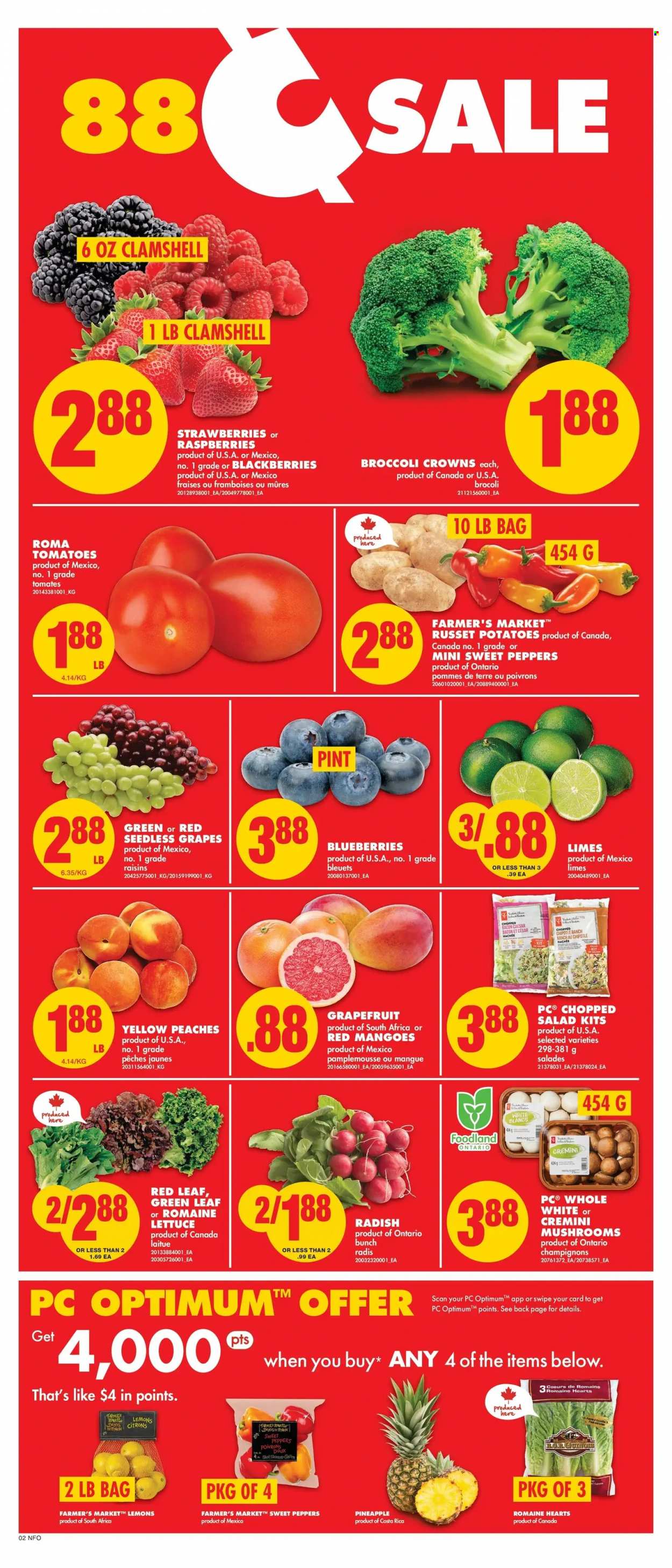 thumbnail - No Frills Flyer - June 30, 2022 - July 06, 2022 - Sales products - mushrooms, radishes, russet potatoes, sweet peppers, tomatoes, potatoes, lettuce, salad, peppers, chopped salad, blackberries, blueberries, grapefruits, grapes, limes, mango, seedless grapes, strawberries, pineapple, lemons, peaches, dried fruit, Optimum, raisins. Page 2.