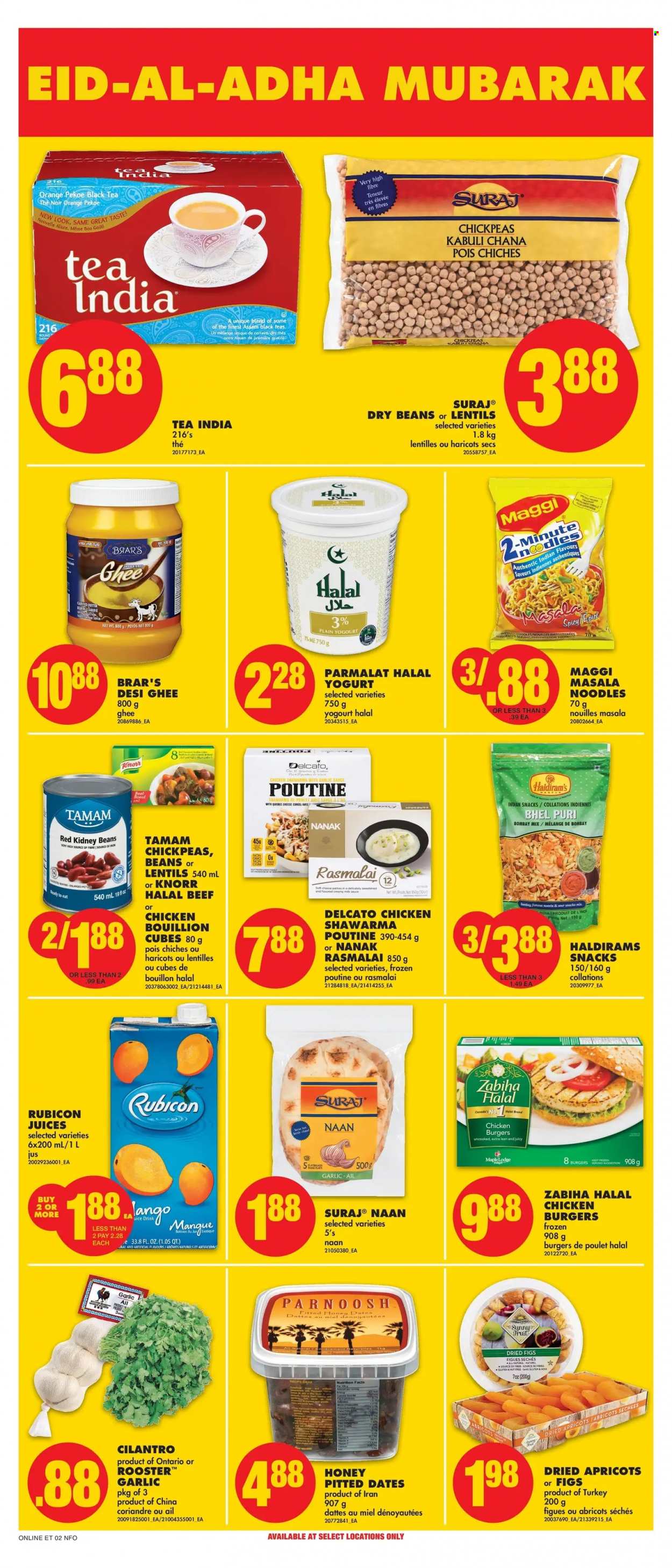 thumbnail - No Frills Flyer - June 30, 2022 - July 06, 2022 - Sales products - beans, figs, apricots, hamburger, sauce, noodles, soft cheese, cheese, yoghurt, Parmalat, butter, ghee, snack, bouillon, Maggi, lentils, kidney beans, chickpeas, dry beans, cilantro, garlic sauce, honey, dried fruit, dried dates, dried figs, juice, tea, PREMIERE, Knorr, oranges. Page 10.
