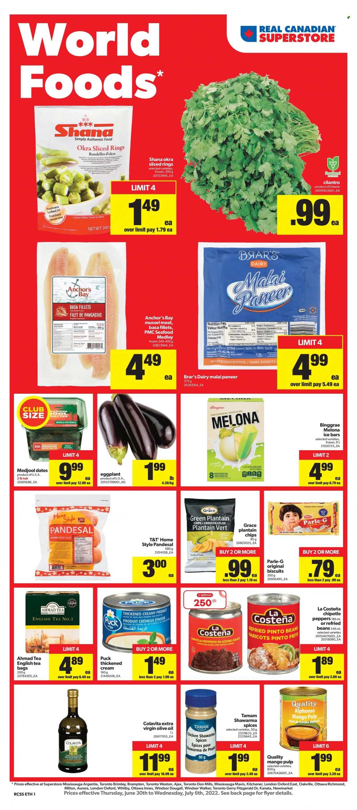 thumbnail - Real Canadian Superstore Flyer - June 30, 2022 - July 06, 2022 - Sales products - okra, honeydew, melons, mussels, pangasius, seafood, paneer, Puck, milk, milk powder, Anchor, biscuit, Parle, refried beans, pinto beans, cilantro, adobo sauce, extra virgin olive oil, palm oil, olive oil, oil, dried dates, tea bags, Ajax, Optimum, iron, vitamin c, calcium. Page 2.