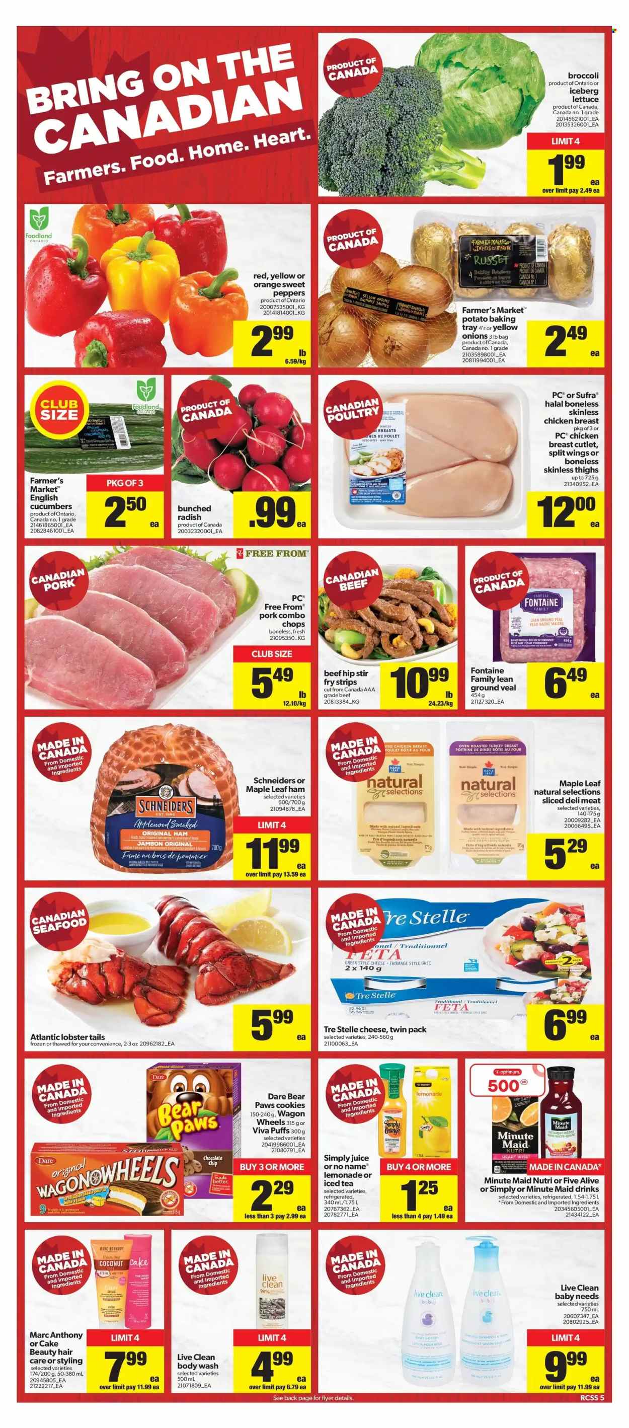 thumbnail - Real Canadian Superstore Flyer - June 30, 2022 - July 06, 2022 - Sales products - cake, puffs, russet potatoes, sweet peppers, potatoes, onion, lobster, seafood, lobster tail, No Name, ham, cheese, feta, cookies, biscuit, oatmeal, vinegar, lemonade, juice, ice tea, fruit punch, chicken breasts, stir fry strips, chicken, turkey, ground veal, veal meat, body wash, body lotion, shea butter, baking tray, Paws, Optimum, wagon, shampoo. Page 8.