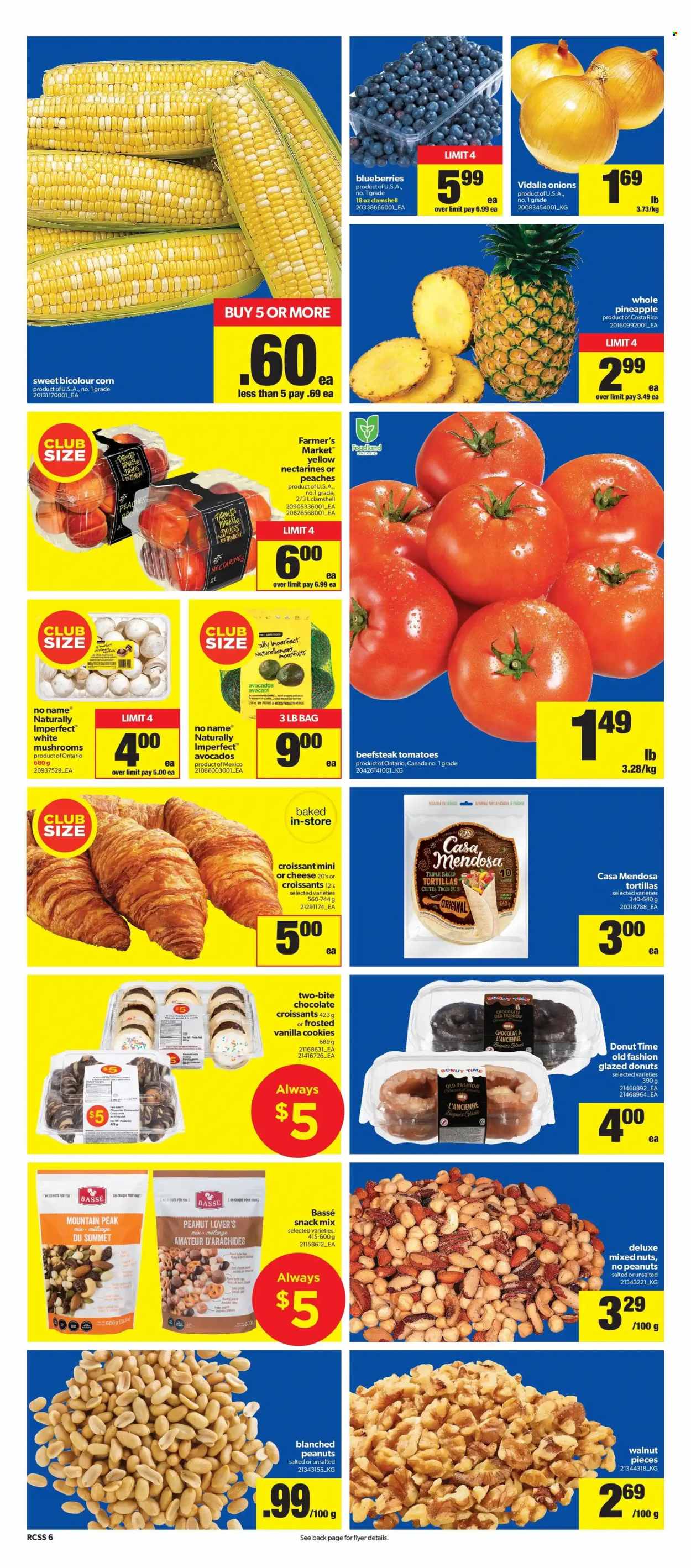 thumbnail - Real Canadian Superstore Flyer - June 30, 2022 - July 06, 2022 - Sales products - mushrooms, tortillas, croissant, donut, corn, tomatoes, onion, avocado, blueberries, nectarines, pineapple, peaches, No Name, cookies, chocolate, snack, walnuts, peanuts, mixed nuts. Page 9.