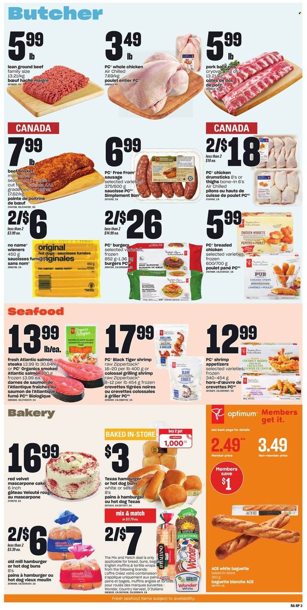 thumbnail - Atlantic Superstore Flyer - June 30, 2022 - July 06, 2022 - Sales products - bagels, english muffins, tortillas, cake, buns, wraps, salmon, seafood, shrimps, No Name, nuggets, fried chicken, chicken nuggets, beef burger, sausage, Country Harvest, strips, chicken strips, whole chicken, chicken drumsticks, chicken, beef meat, ground beef, beef brisket, pork meat, pork ribs, pork back ribs, Optimum, baguette, mascarpone, steak. Page 4.