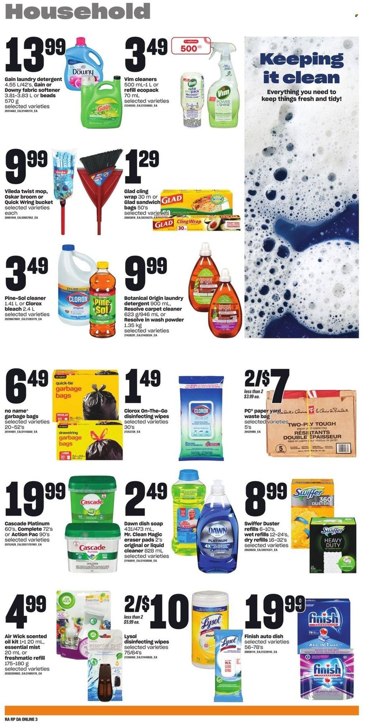 thumbnail - Atlantic Superstore Flyer - June 30, 2022 - July 06, 2022 - Sales products - No Name, sandwich, Président, oil, wipes, Gain, cleaner, bleach, liquid cleaner, Lysol, Clorox, Pine-Sol, Swiffer, fabric softener, laundry detergent, Cascade, Downy Laundry, soap, Yard, bag, waste bag, detergent. Page 7.