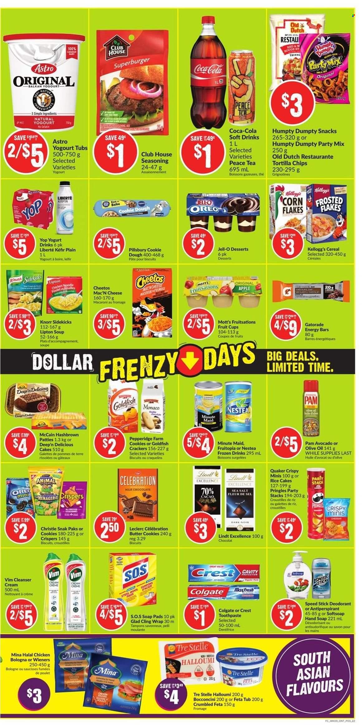 thumbnail - Chalo! FreshCo. Flyer - June 30, 2022 - July 06, 2022 - Sales products - fruit cup, Mott's, macaroni, soup, Pillsbury, Quaker, noodles, bologna sausage, bocconcini, halloumi, cheese, feta, yoghurt, yoghurt drink, kefir, McCain, cookies, milk chocolate, chocolate, butter cookies, snack, Celebration, crackers, Kellogg's, biscuit, tortilla chips, Pringles, Cheetos, Goldfish, Jell-O, cereals, corn flakes, energy bar, Frosted Flakes, spice, olive oil, oil, Coca-Cola, soft drink, Gatorade, fruit punch, tea, Softsoap, hand soap, soap, toothpaste, Crest, anti-perspirant, Speed Stick, Colgate, Oreo, Lipton, Knorr, Lindt, deodorant. Page 3.