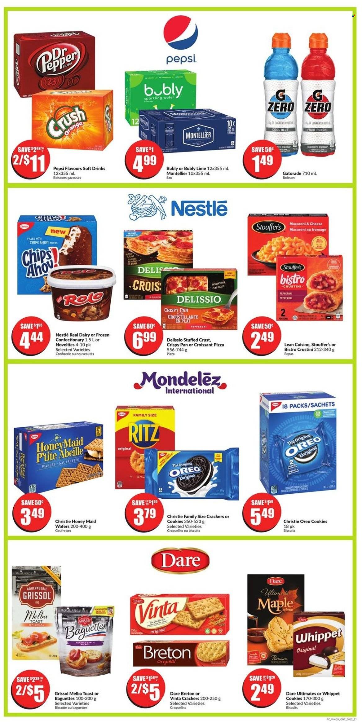 thumbnail - Chalo! FreshCo. Flyer - June 30, 2022 - July 06, 2022 - Sales products - croissant, macaroni & cheese, pizza, sandwich, Lean Cuisine, pepperoni, Stouffer's, cookies, wafers, crackers, biscuit, Chips Ahoy!, RITZ, sugar, Honey Maid, Pepsi, soft drink, Gatorade, fruit punch, sparkling water, baguette, Nestlé, Oreo, oranges. Page 6.