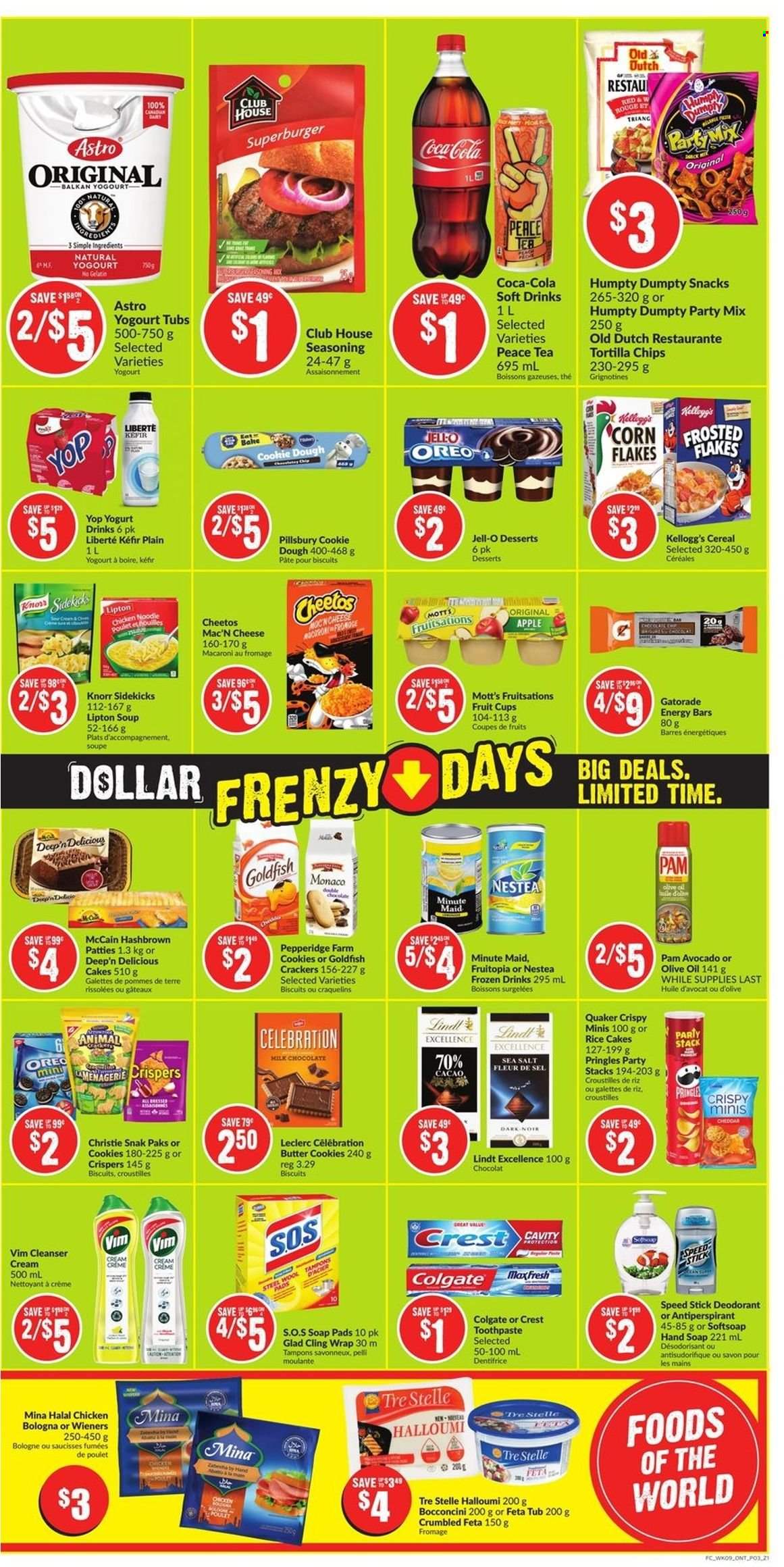 thumbnail - FreshCo. Flyer - June 30, 2022 - July 06, 2022 - Sales products - fruit cup, Mott's, macaroni, soup, Pillsbury, Quaker, noodles, bologna sausage, bocconcini, halloumi, cheese, feta, yoghurt, yoghurt drink, kefir, McCain, cookies, milk chocolate, chocolate, butter cookies, snack, Celebration, crackers, Kellogg's, biscuit, tortilla chips, Pringles, Cheetos, Goldfish, Jell-O, cereals, corn flakes, energy bar, Frosted Flakes, spice, olive oil, oil, Coca-Cola, soft drink, Gatorade, fruit punch, tea, Softsoap, hand soap, soap, toothpaste, Crest, anti-perspirant, Speed Stick, Colgate, Oreo, Lipton, Knorr, Lindt, deodorant. Page 3.