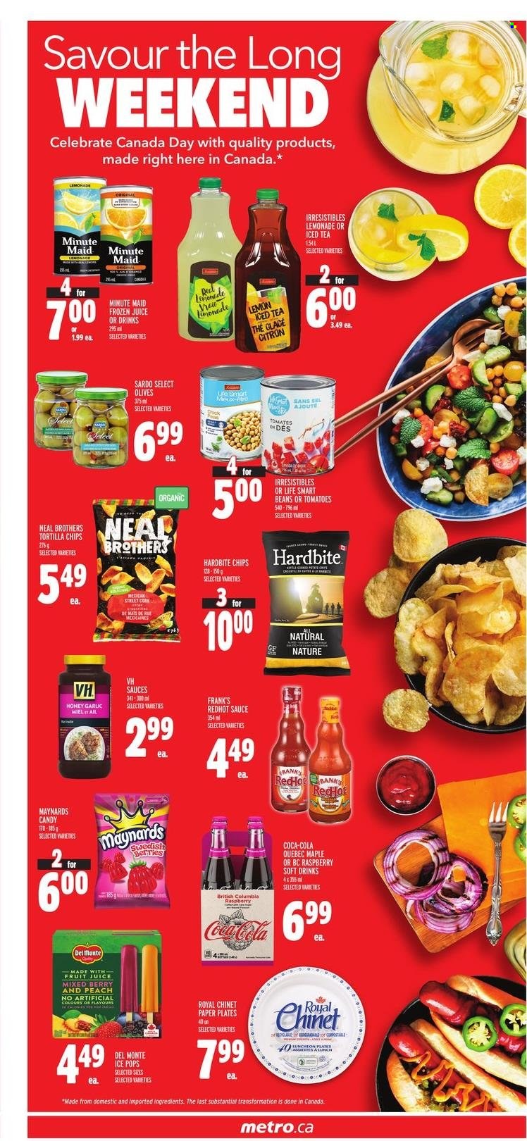 thumbnail - Metro Flyer - June 30, 2022 - July 06, 2022 - Sales products - garlic, tomatoes, lunch meat, tortilla chips, honey, Coca-Cola, lemonade, ice tea, soft drink, fruit punch, BROTHERS, plate, paper, paper plate, olives, oranges. Page 8.