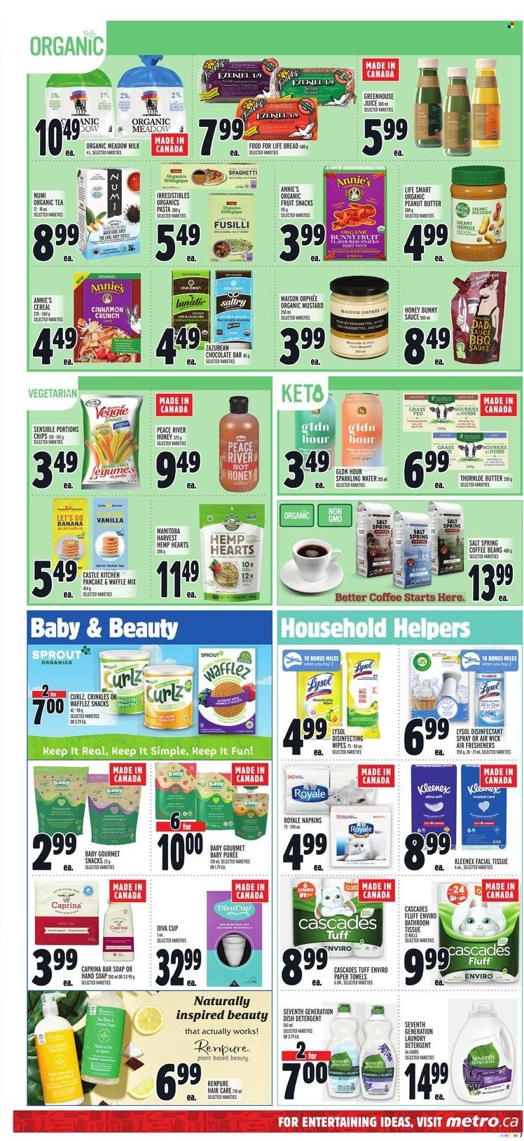 thumbnail - Metro Flyer - June 30, 2022 - July 06, 2022 - Sales products - spaghetti, pasta, sauce, pancakes, Annie's, milk, snack, chocolate bar, chips, cereals, cinnamon, BBQ sauce, mustard, honey, peanut butter, juice, sparkling water, tea, coffee beans, Castle, wipes, napkins, Kleenex, tissues, kitchen towels, paper towels, Lysol, laundry detergent, hand soap, soap bar, soap, antibacterial spray, pipe, cup, air freshener, Air Wick, detergent, desinfection. Page 12.