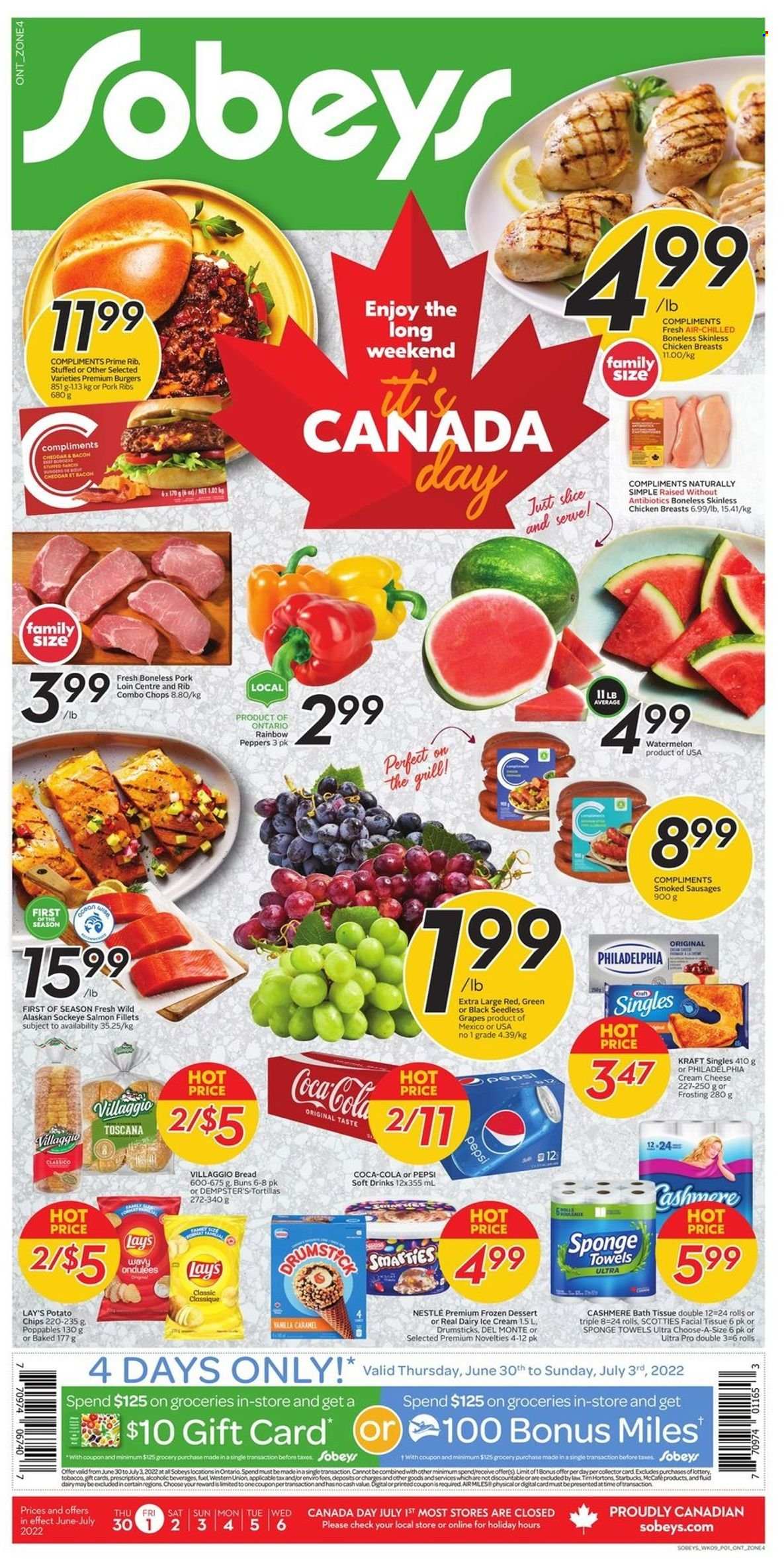 thumbnail - Sobeys Flyer - June 30, 2022 - July 06, 2022 - Sales products - bread, tortillas, buns, peppers, grapes, seedless grapes, watermelon, salmon, salmon fillet, hamburger, Kraft®, bacon, sausage, sandwich slices, cheese, Kraft Singles, ice cream, potato chips, Lay’s, frosting, caramel, Classico, Coca-Cola, Pepsi, soft drink, Starbucks, McCafe, chicken breasts, pork loin, pork meat, pork ribs, bath tissue, grill, Nestlé, Philadelphia. Page 1.