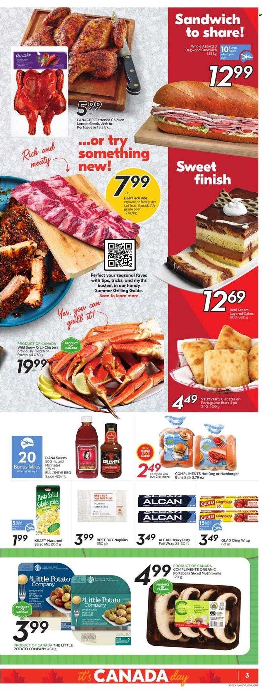 thumbnail - Sobeys Flyer - June 30, 2022 - July 06, 2022 - Sales products - mushrooms, cake, buns, burger buns, salad, crab, hot dog, sandwich, pasta, dagwood, Kraft®, macaroni salad, pasta salad, herbs, BBQ sauce, napkins, grill, ciabatta. Page 4.