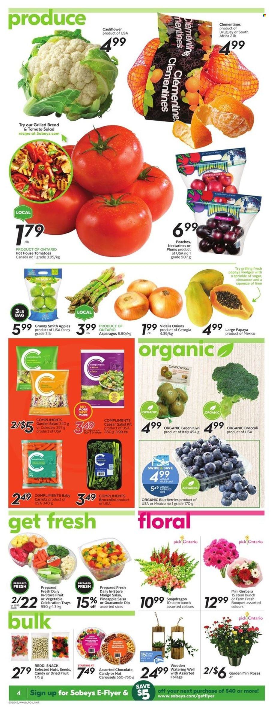 thumbnail - Sobeys Flyer - June 30, 2022 - July 06, 2022 - Sales products - bread, broccoli, tomatoes, onion, broccolini, apples, blueberries, clementines, nectarines, pineapple, plums, papaya, peaches, Granny Smith, coleslaw, guacamole, chocolate, snack, Celebration, sugar, cinnamon, salsa, dried fruit, bouquet, gerbera, rose, kiwi. Page 5.