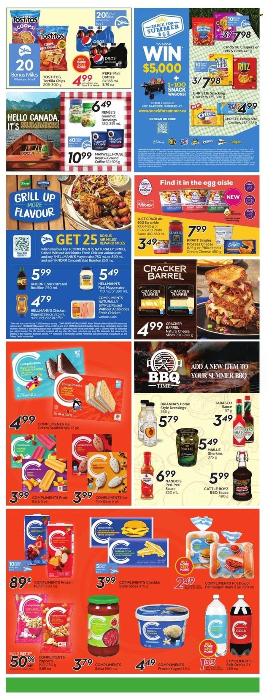 thumbnail - Sobeys Flyer - June 30, 2022 - July 06, 2022 - Sales products - buns, burger buns, hot dog, pasta sauce, sauce, Kraft®, cream cheese, sandwich slices, sliced cheese, cheese, Kraft Singles, yoghurt, milk, mayonnaise, Hellmann’s, ice cream, ice cream sandwich, strips, cookies, snack, crackers, Cadbury, Trident, RITZ, tortilla chips, Thins, popcorn, Tostitos, bouillon, tabasco, BBQ sauce, caramel, salsa, Classico, Pepsi, soft drink, Maxwell House, coffee, ground coffee, punch, grill, Philadelphia, Oreo, Knorr. Page 14.