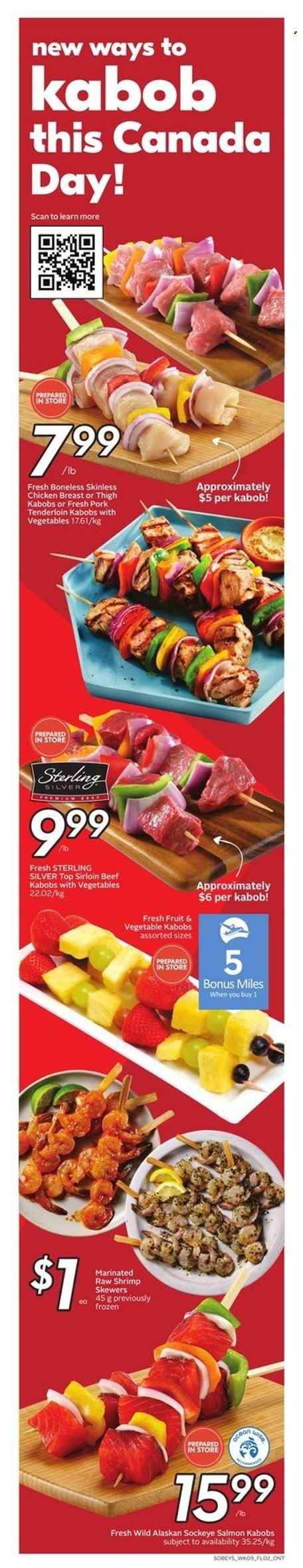 thumbnail - Sobeys Flyer - June 30, 2022 - July 06, 2022 - Sales products - salmon, shrimps, chicken breasts, chicken, pork meat, pork tenderloin, plant seeds. Page 17.