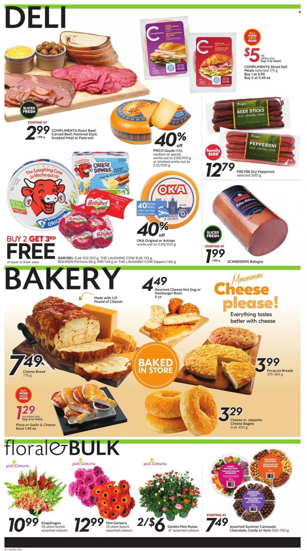 thumbnail - Sobeys Urban Fresh Flyer - June 30, 2022 - July 06, 2022 - Sales products - bagels, bread, Blue Ribbon, buns, burger buns, hot dog, pizza, turkey roast, pastrami, bologna sausage, pepperoni, corned beef, gouda, Kiri, The Laughing Cow, Babybel, snack, chocolate candies, honey, beer, beef meat, roast beef. Page 4.