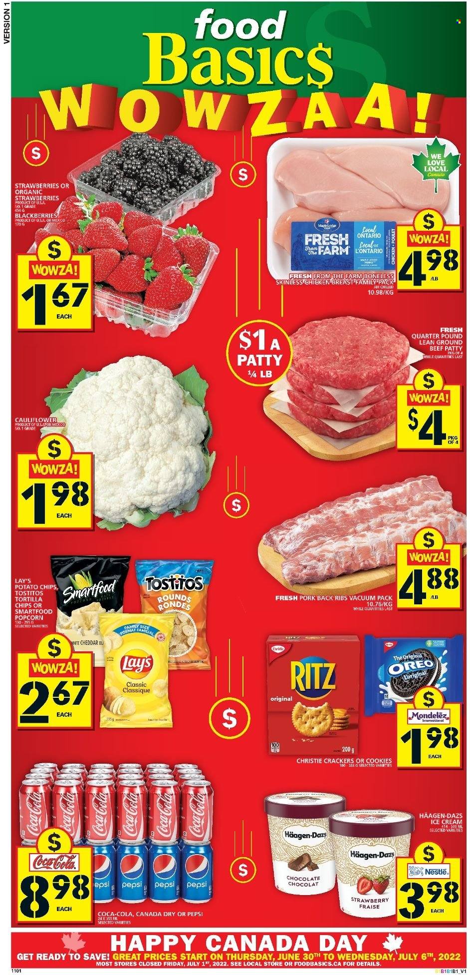 thumbnail - Food Basics Flyer - June 30, 2022 - July 06, 2022 - Sales products - blackberries, strawberries, cheese, ice cream, Häagen-Dazs, cookies, RITZ, tortilla chips, potato chips, chips, Lay’s, Smartfood, popcorn, Tostitos, Canada Dry, Coca-Cola, Pepsi, chicken breasts, chicken, beef meat, ground beef, pork meat, pork ribs, pork back ribs, Nestlé, Oreo. Page 1.