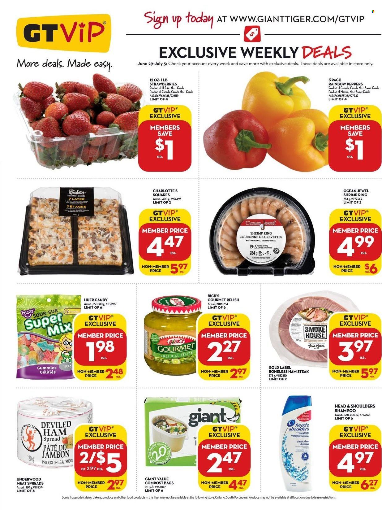 thumbnail - Giant Tiger Flyer - June 29, 2022 - July 05, 2022 - Sales products - peppers, strawberries, shrimps, sauce, ham, ham steaks, dill, cocktail sauce, bag, compost, shampoo, Head & Shoulders, steak. Page 3.