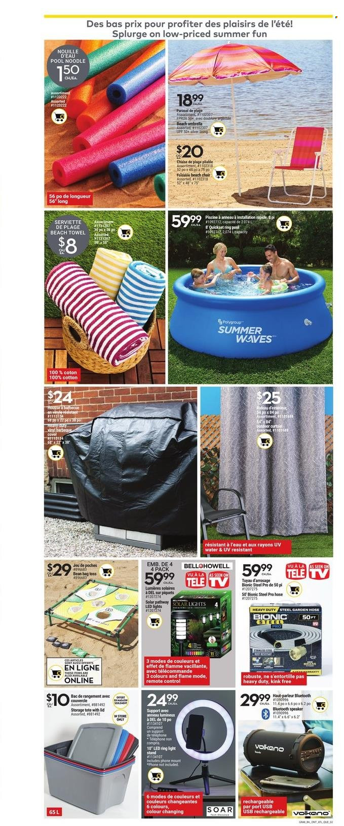 thumbnail - Giant Tiger Flyer - June 29, 2022 - July 05, 2022 - Sales products - chair, noodles, curtain, towel, beach towel, mobile phone holder, TV, speaker, bluetooth speaker, Volkano, remote control, bean bag, beach chair, umbrella, pool noodle, LED light, vinyl, storage tote, beach umbrella, garden hose. Page 4.