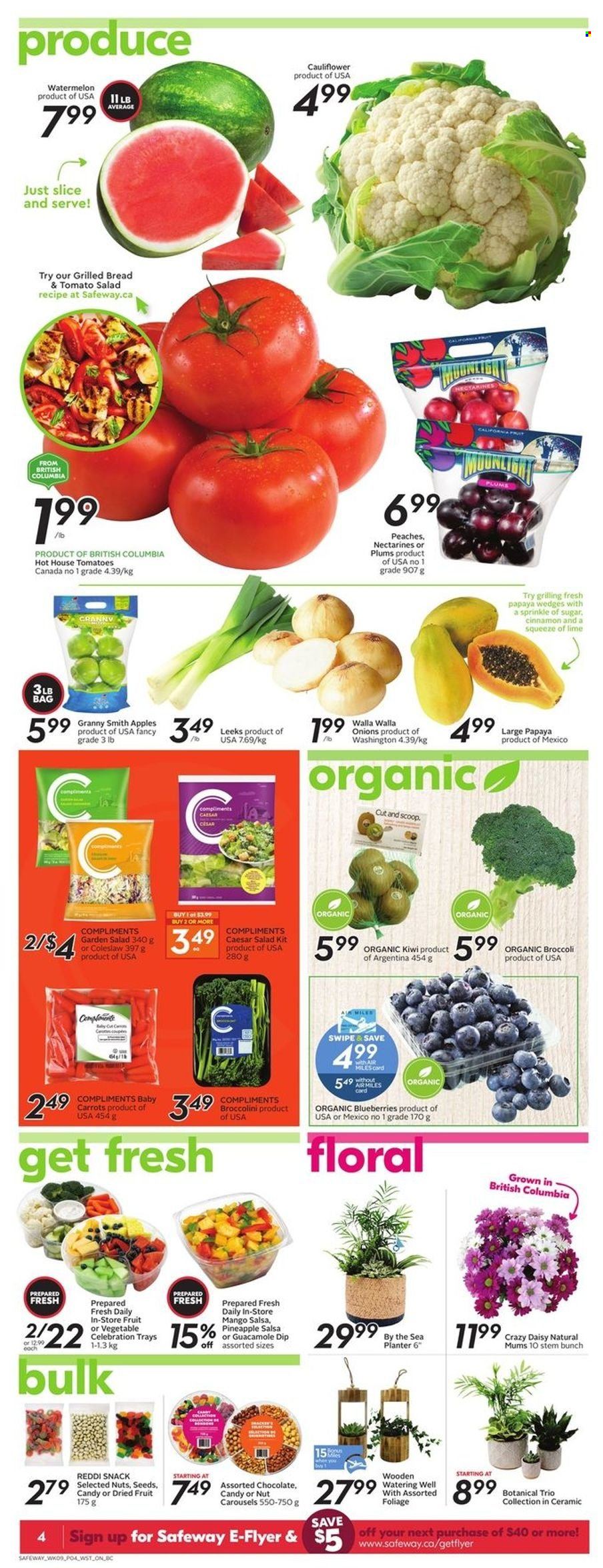 thumbnail - Safeway Flyer - June 30, 2022 - July 06, 2022 - Sales products - bread, broccoli, tomatoes, onion, broccolini, apples, blueberries, nectarines, watermelon, pineapple, plums, papaya, peaches, Granny Smith, coleslaw, guacamole, chocolate, snack, Celebration, sugar, cinnamon, salsa, dried fruit, kiwi. Page 6.